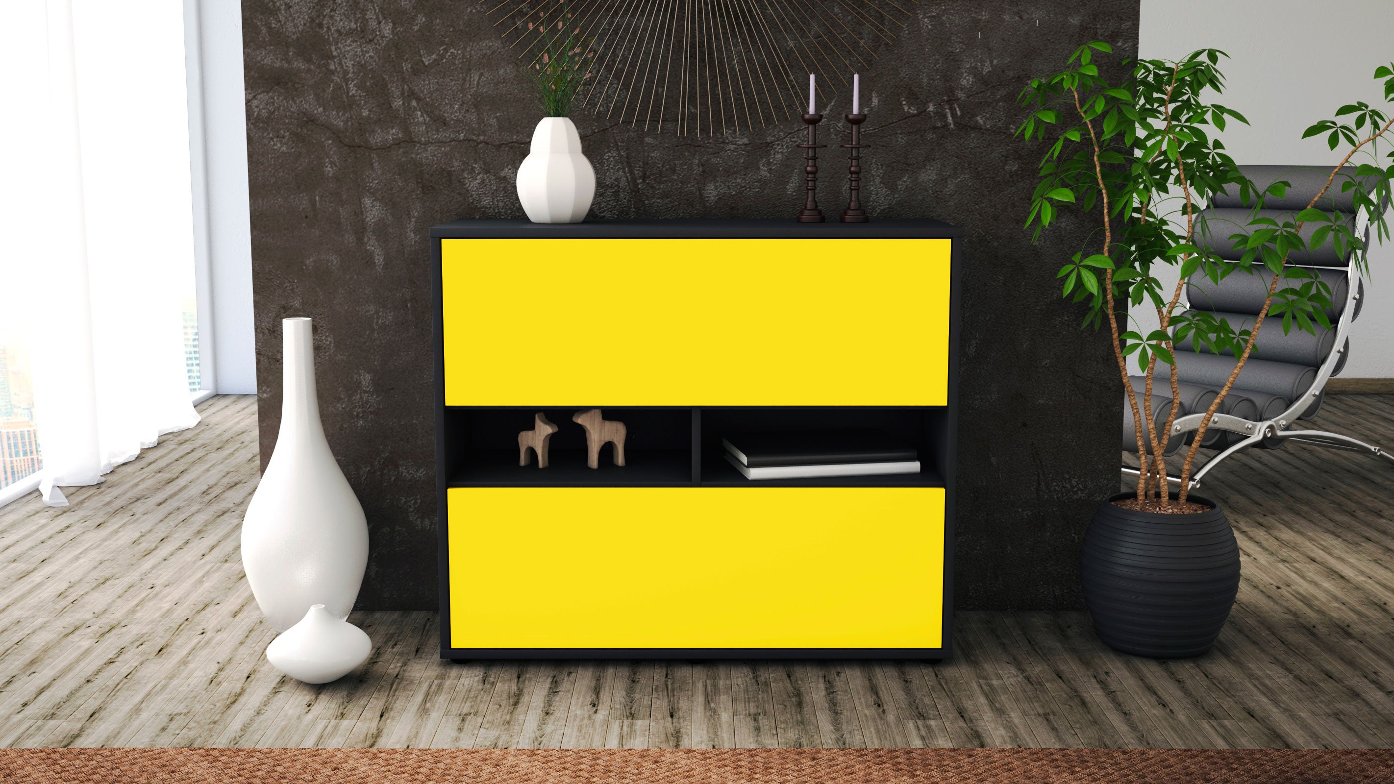 Sideboard - Dalia - Design Farbakzent - Freistehend mit Push to open  92 cm Anthrazit