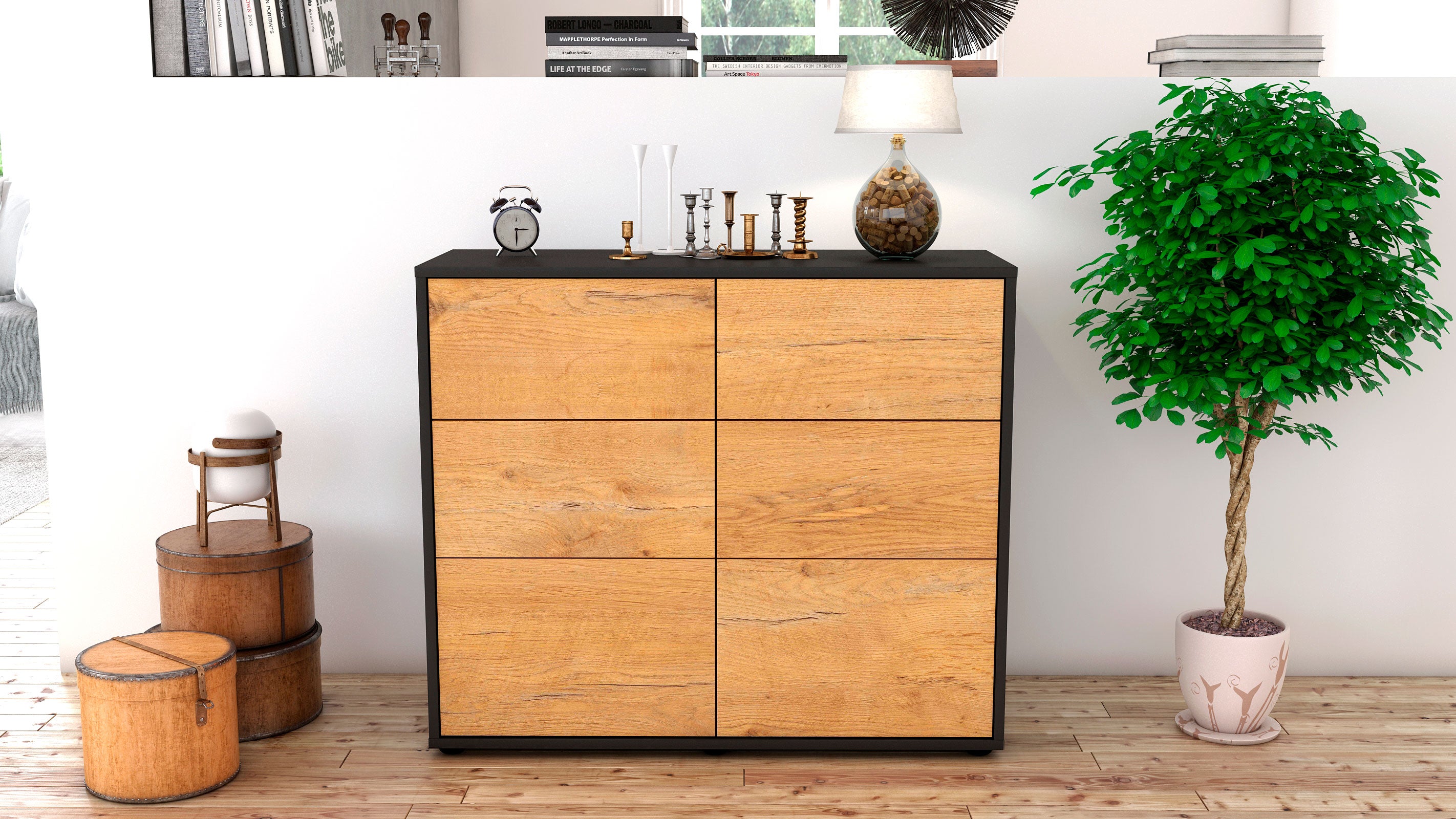 Sideboard - Dalida - Design Holzdekor - Freistehend mit Push to open  92 cm Anthrazit