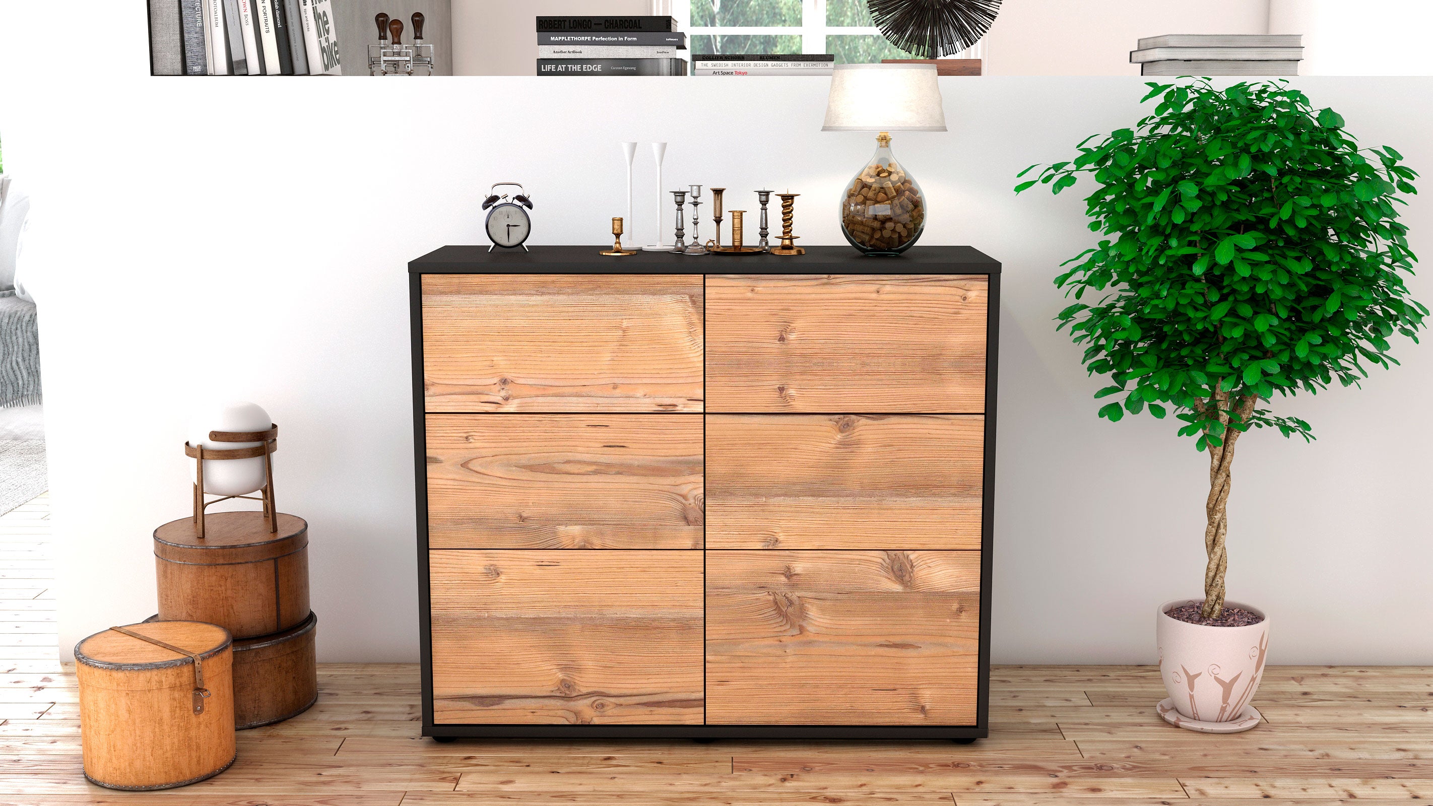 Sideboard - Dalida - Design Holzdekor - Freistehend mit Push to open  92 cm Anthrazit