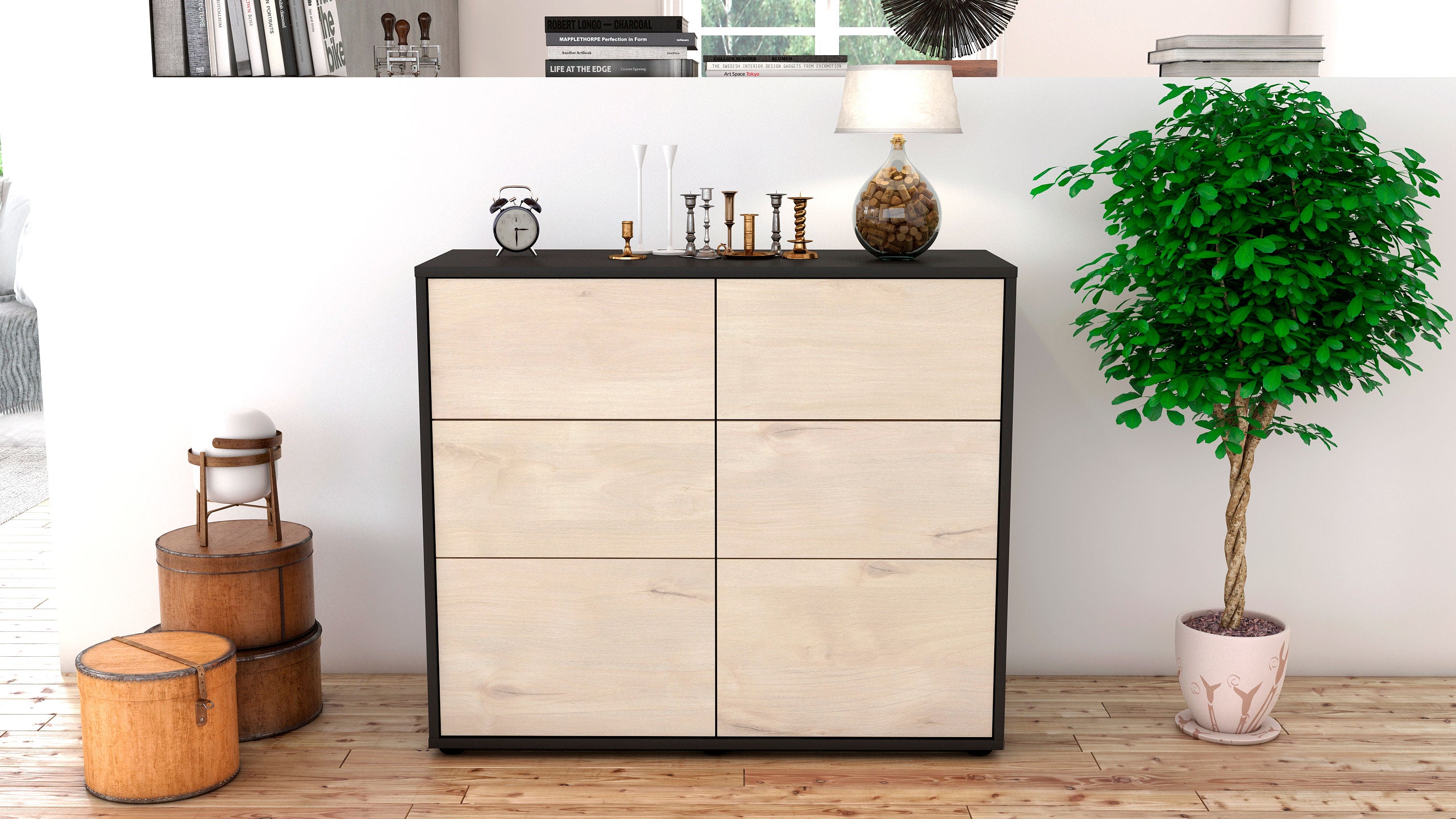 Sideboard - Dalida - Design Holzdekor - Freistehend mit Push to open  92 cm Anthrazit