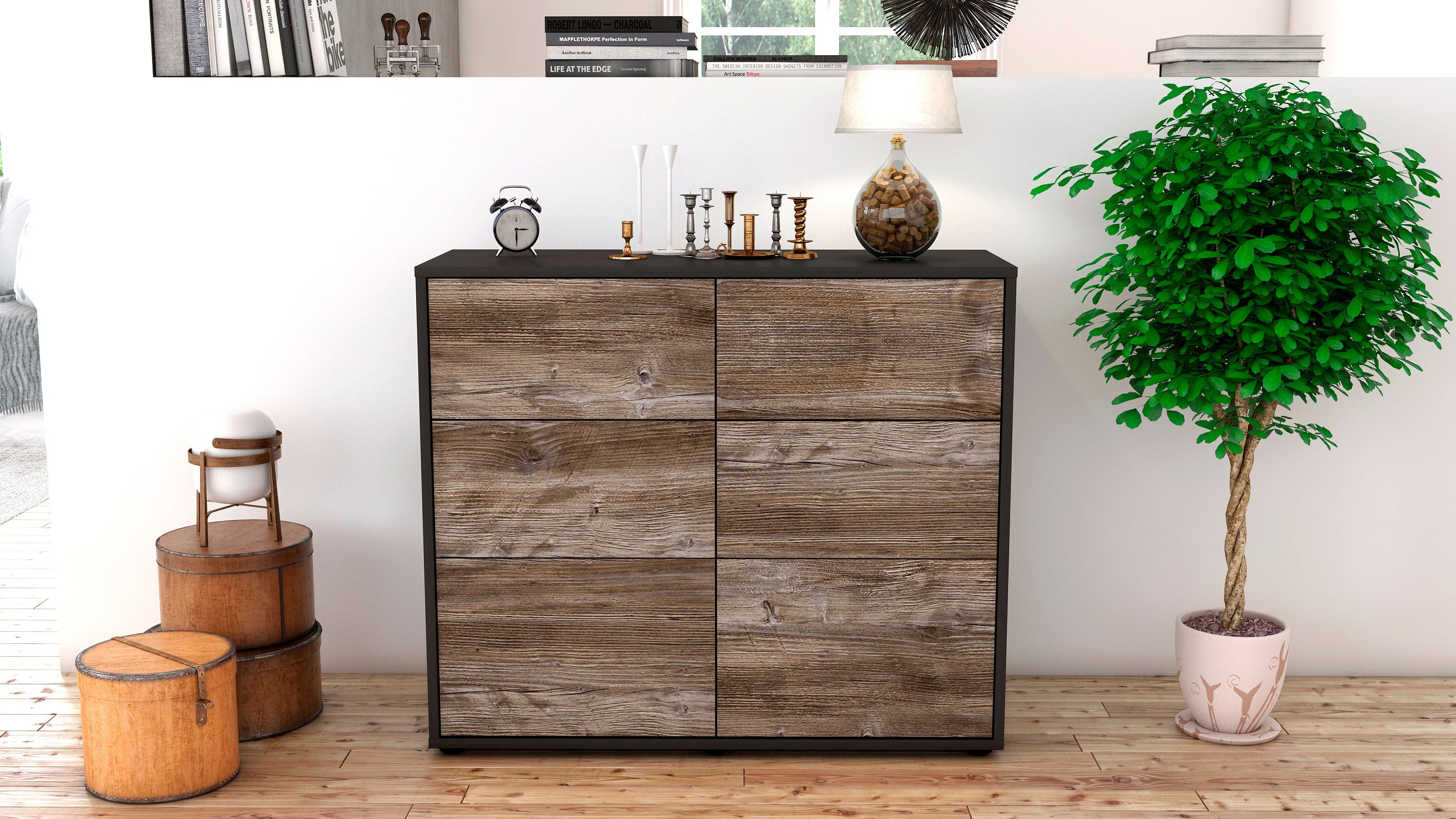 Sideboard - Dalida - Design Holzdekor - Freistehend mit Push to open  92 cm Anthrazit