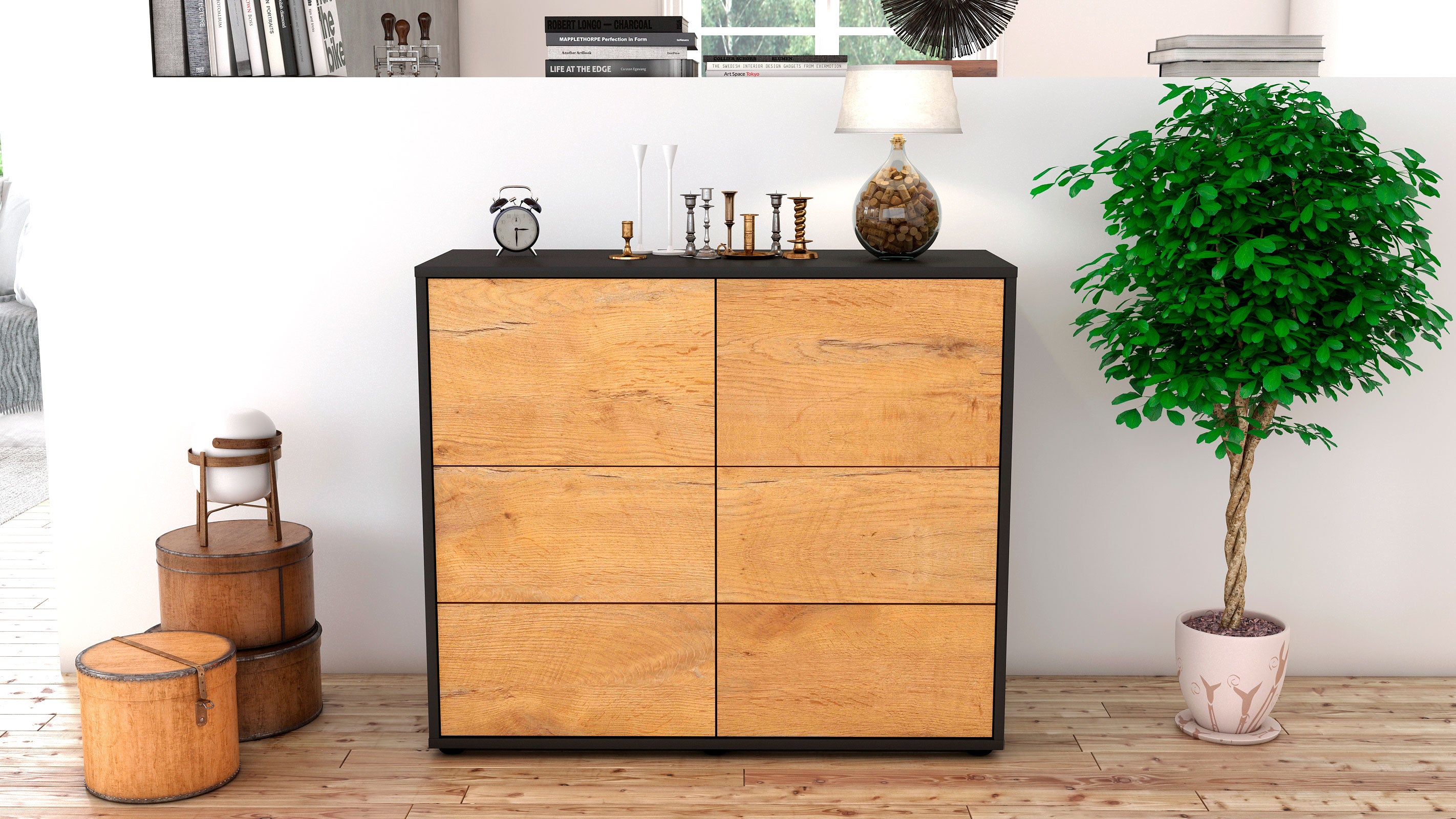 Sideboard - Dana - Design Holzdekor - Freistehend mit Push to open  92 cm Anthrazit