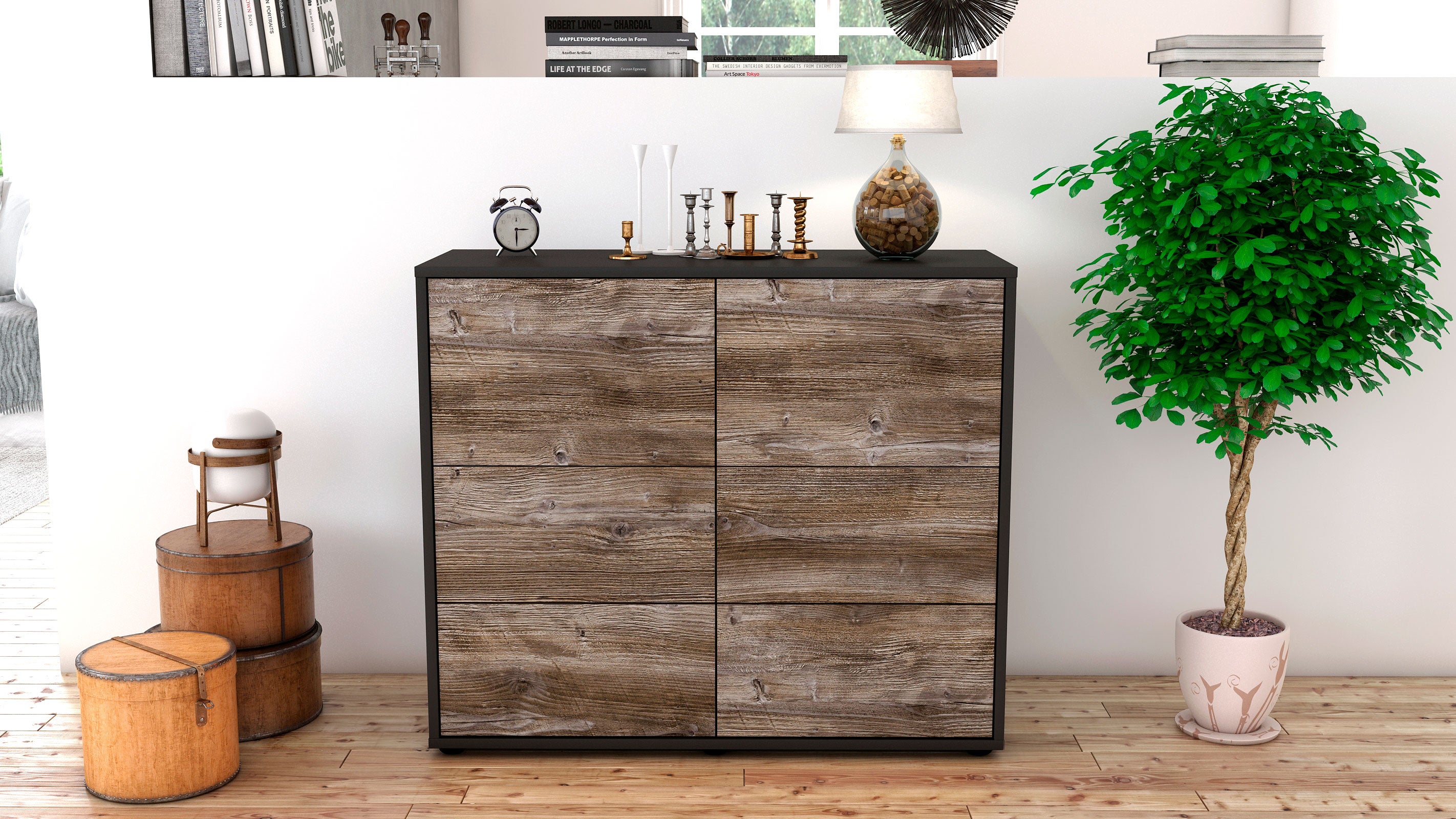 Sideboard - Dana - Design Holzdekor - Freistehend mit Push to open  92 cm Anthrazit