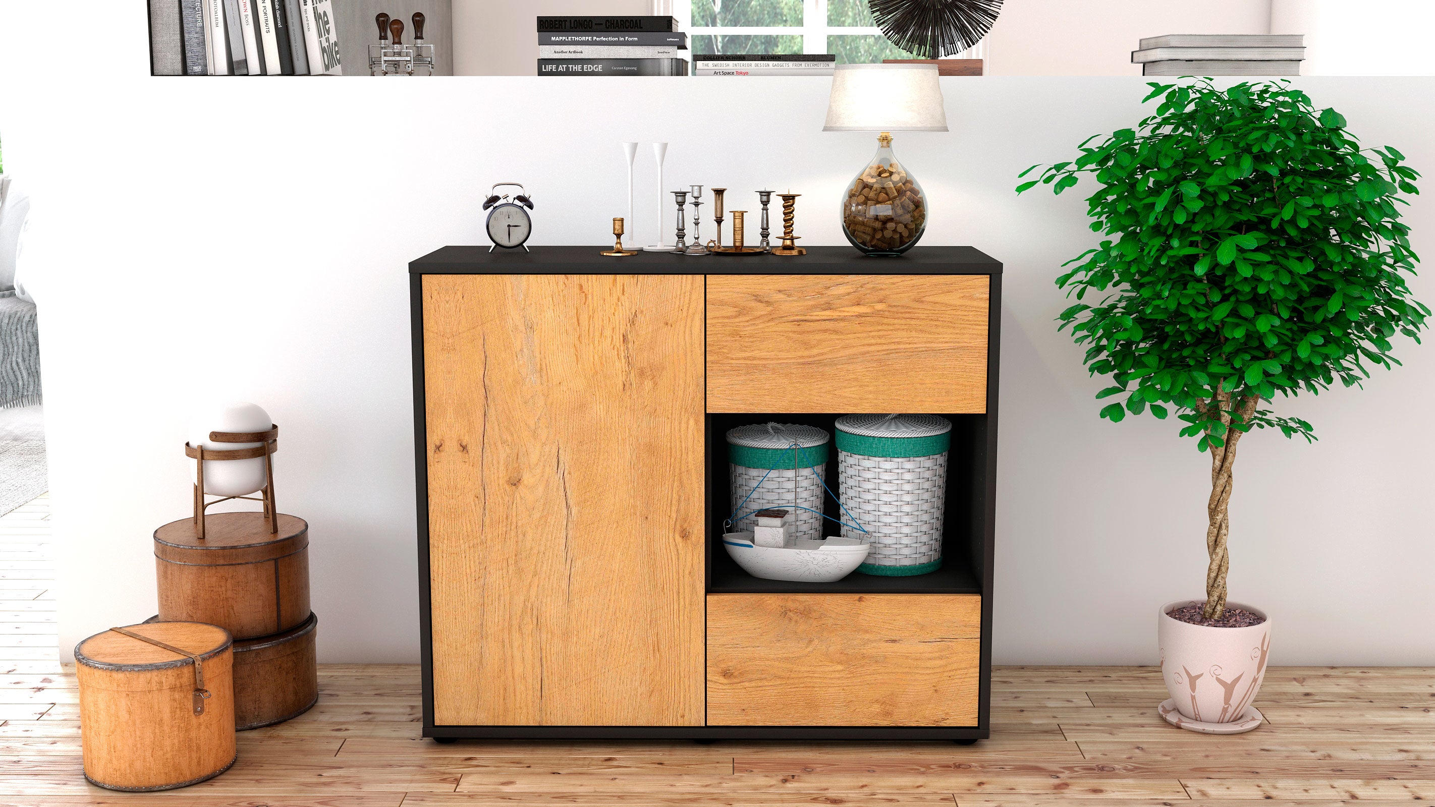 Sideboard - Danica - Design Holzdekor - Freistehend mit Push to open  92 cm Anthrazit