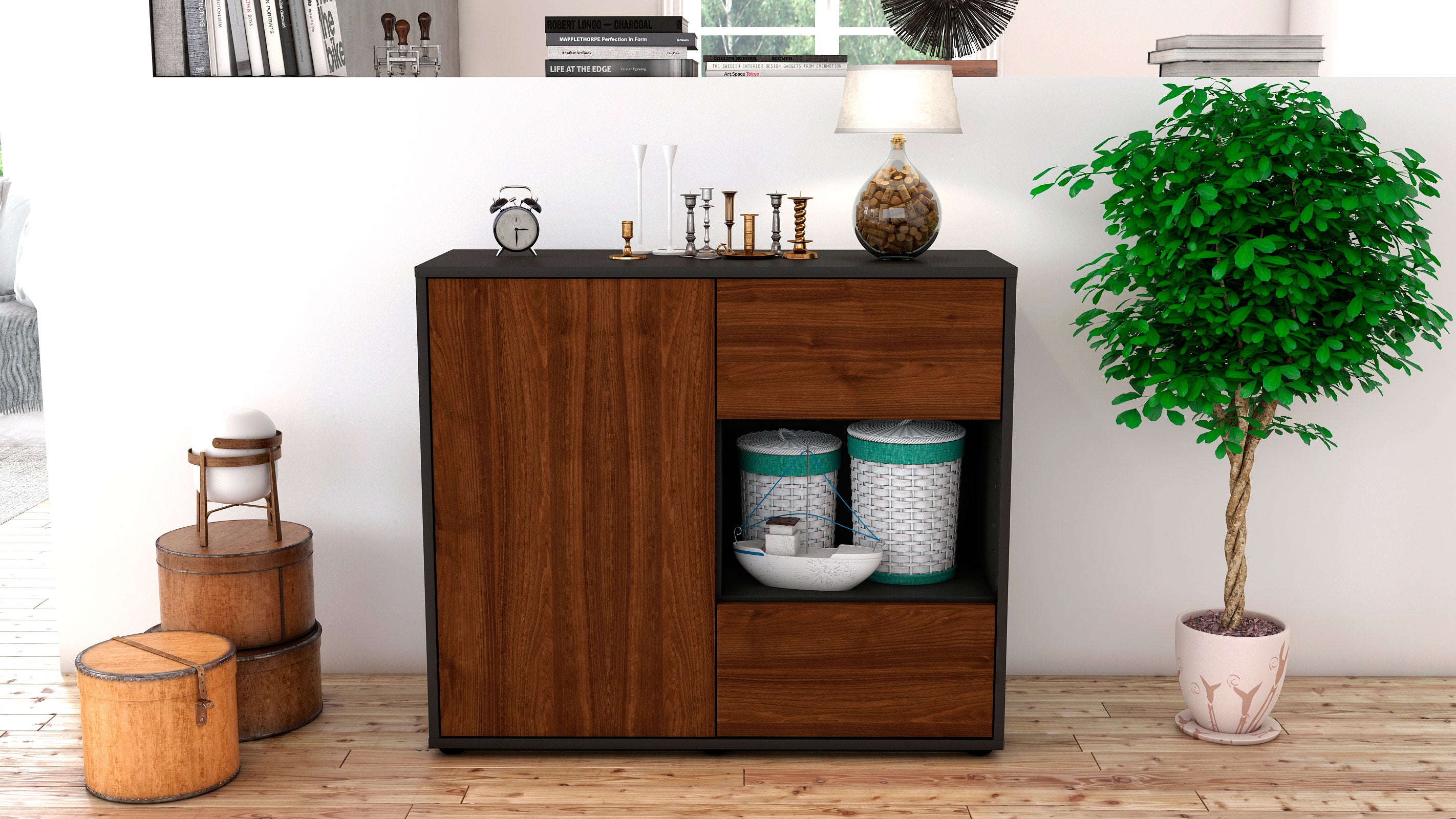 Sideboard - Danica - Design Holzdekor - Freistehend mit Push to open  92 cm Anthrazit