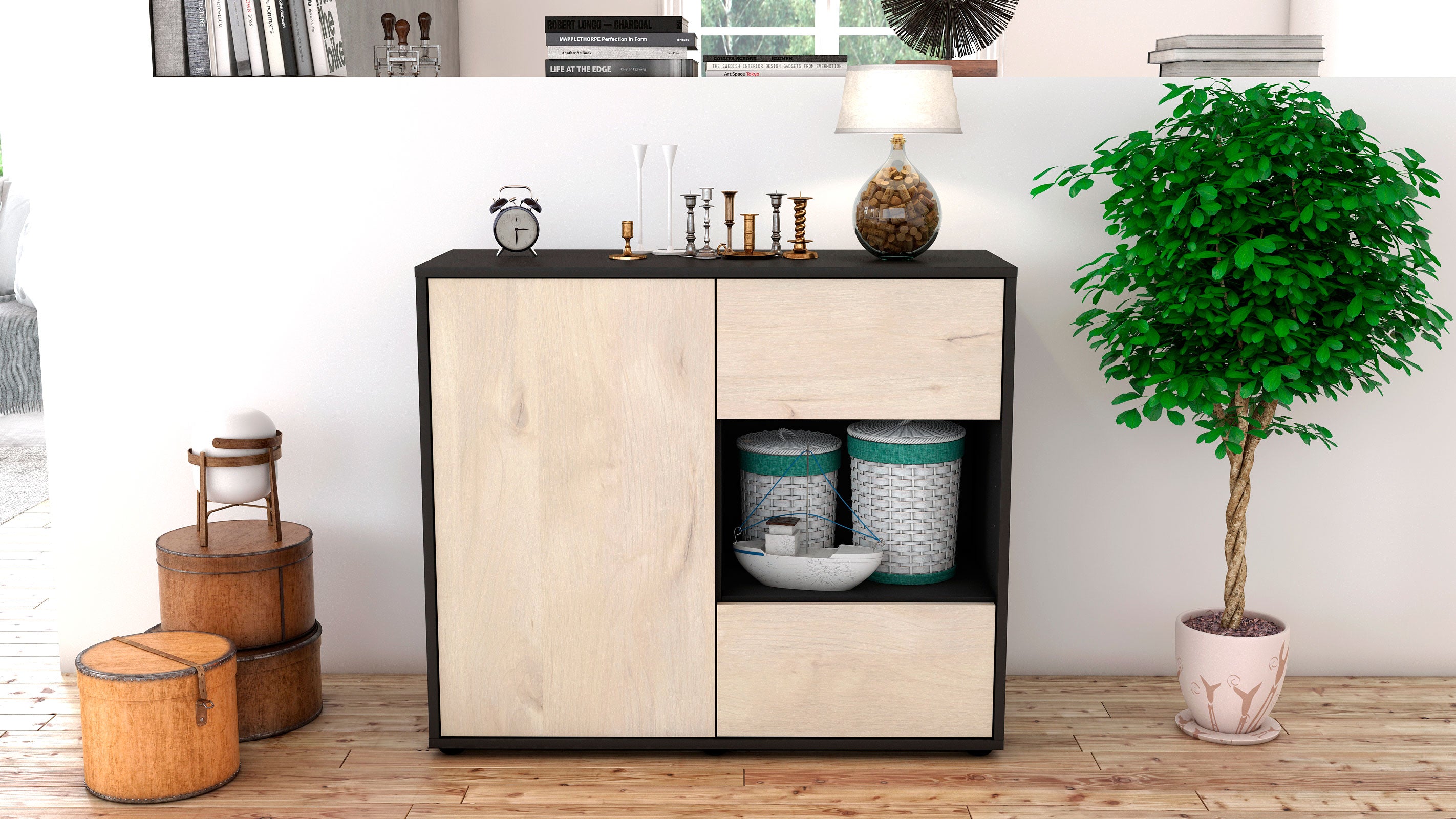 Sideboard - Danica - Design Holzdekor - Freistehend mit Push to open  92 cm Anthrazit