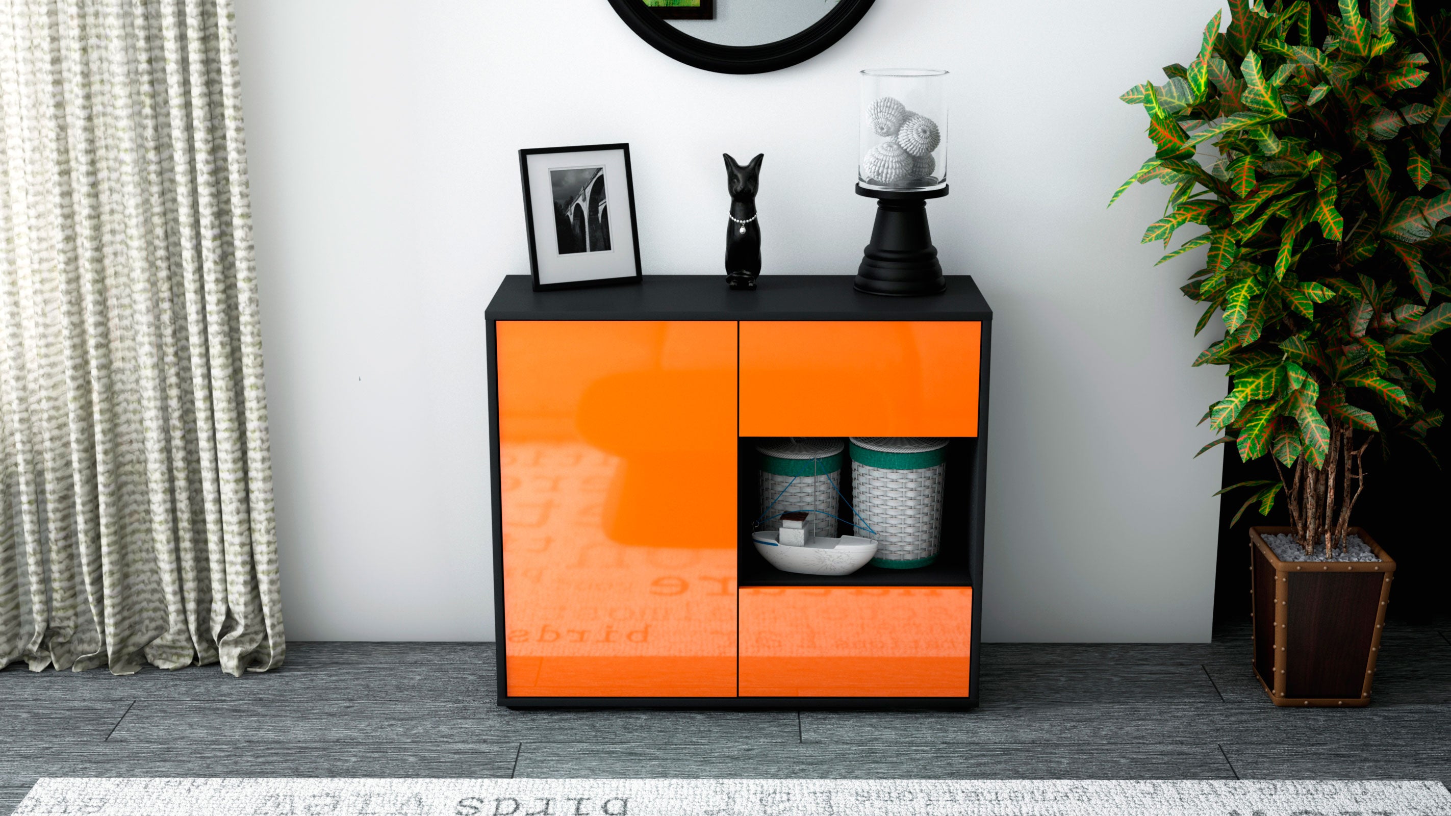 Sideboard - Danica - Design Hochglanz - Freistehend mit Push to open  92 cm Anthrazit