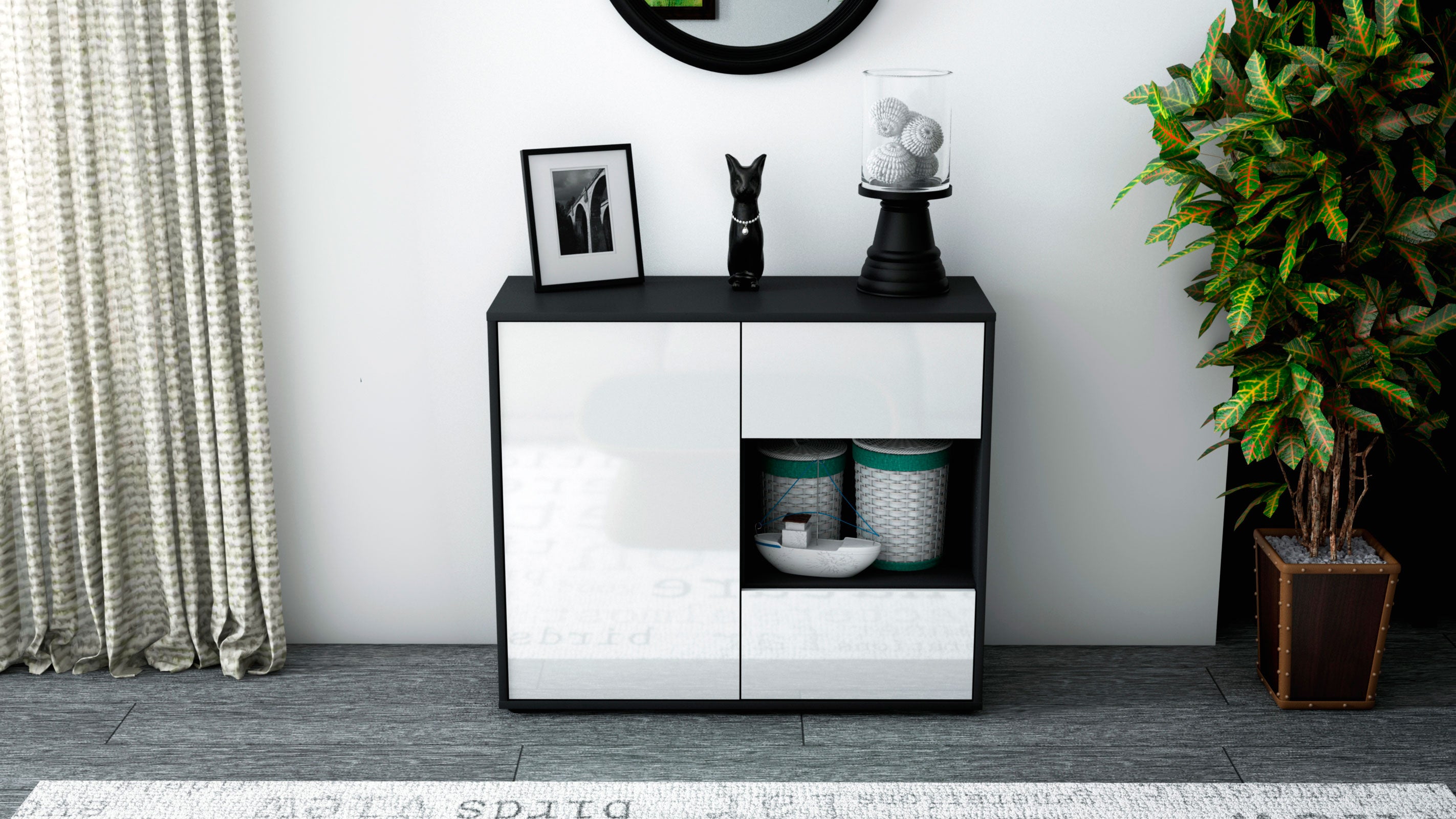 Sideboard - Danica - Design Hochglanz - Freistehend mit Push to open  92 cm Anthrazit