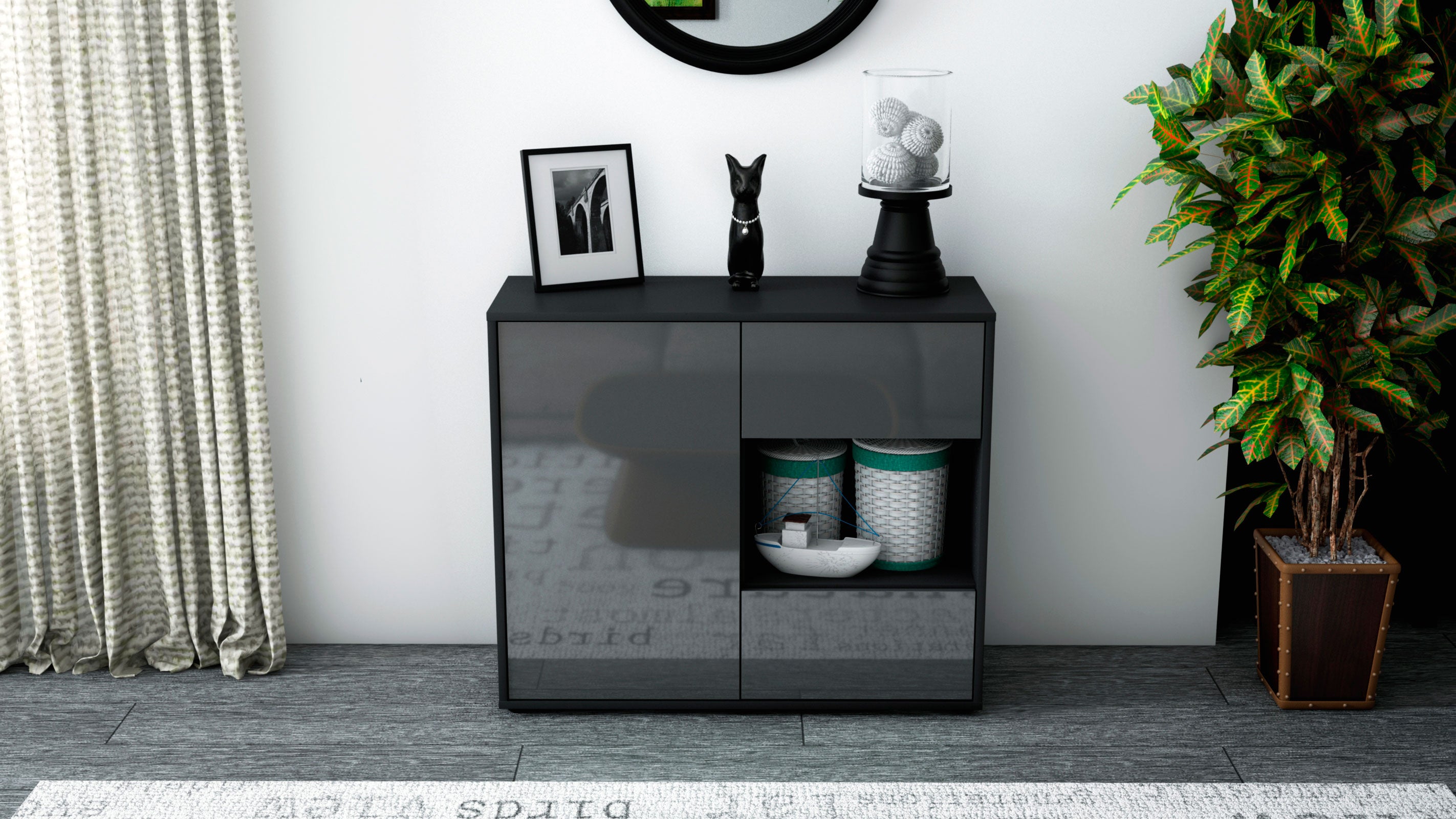 Sideboard - Danica - Design Hochglanz - Freistehend mit Push to open  92 cm Anthrazit