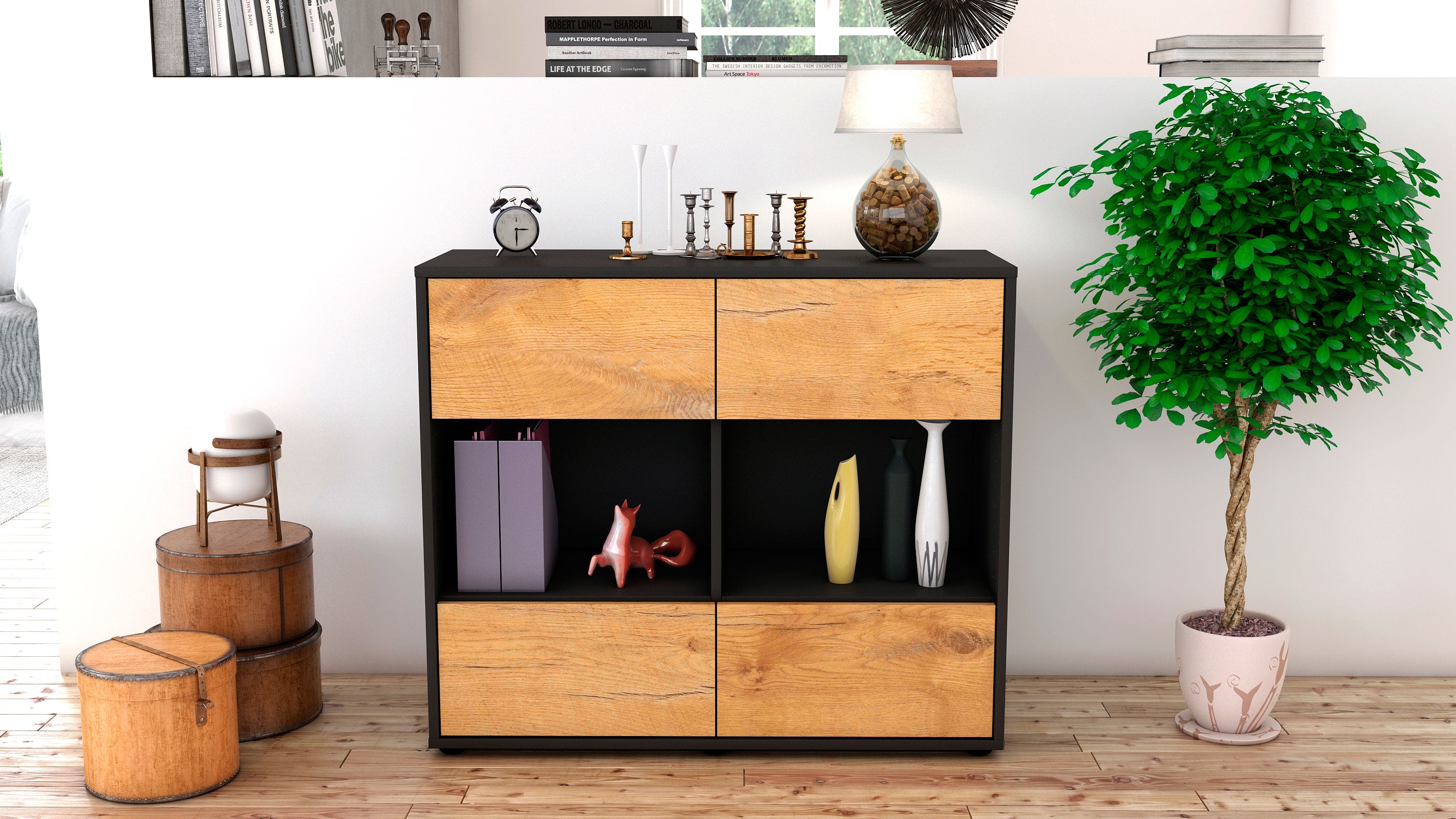 Sideboard - Daniela - Design Holzdekor - Freistehend mit Push to open  92 cm Anthrazit