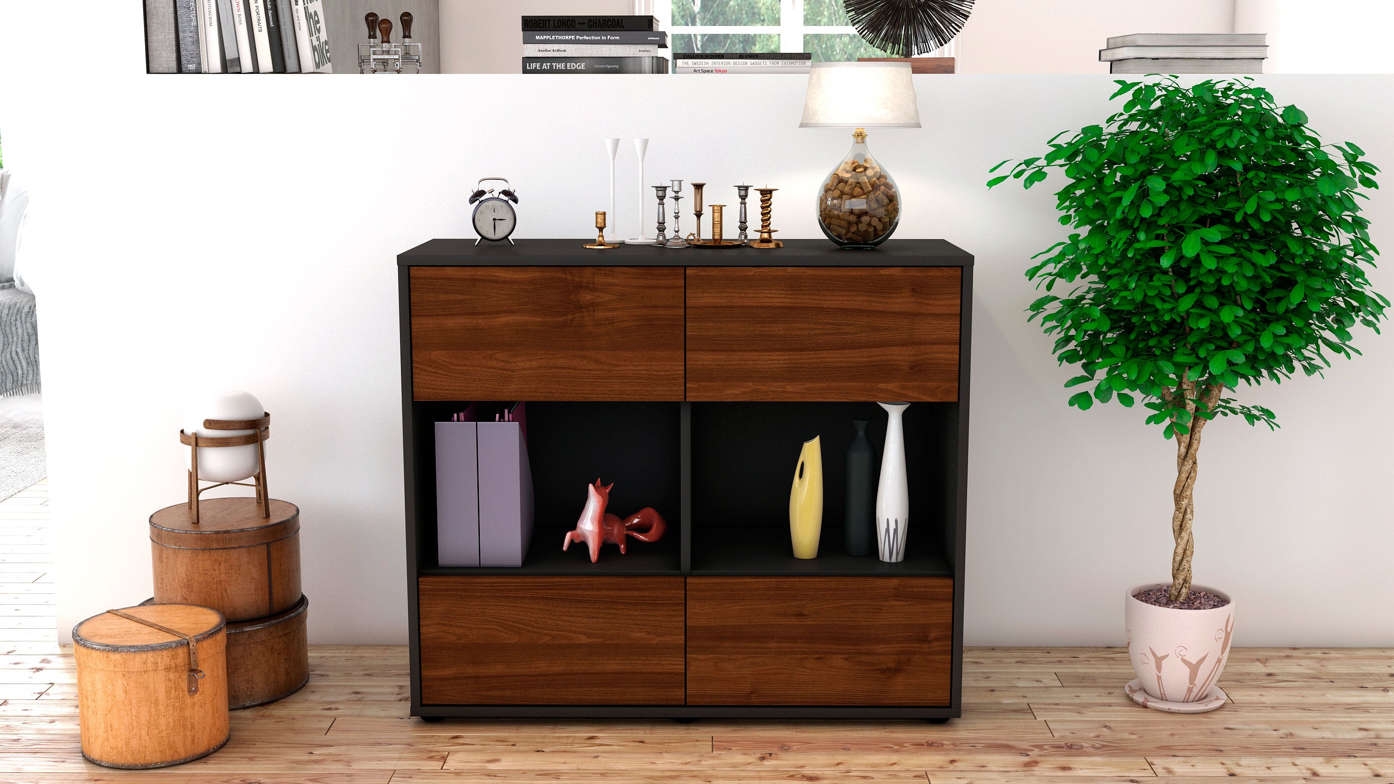 Sideboard - Daniela - Design Holzdekor - Freistehend mit Push to open  92 cm Anthrazit