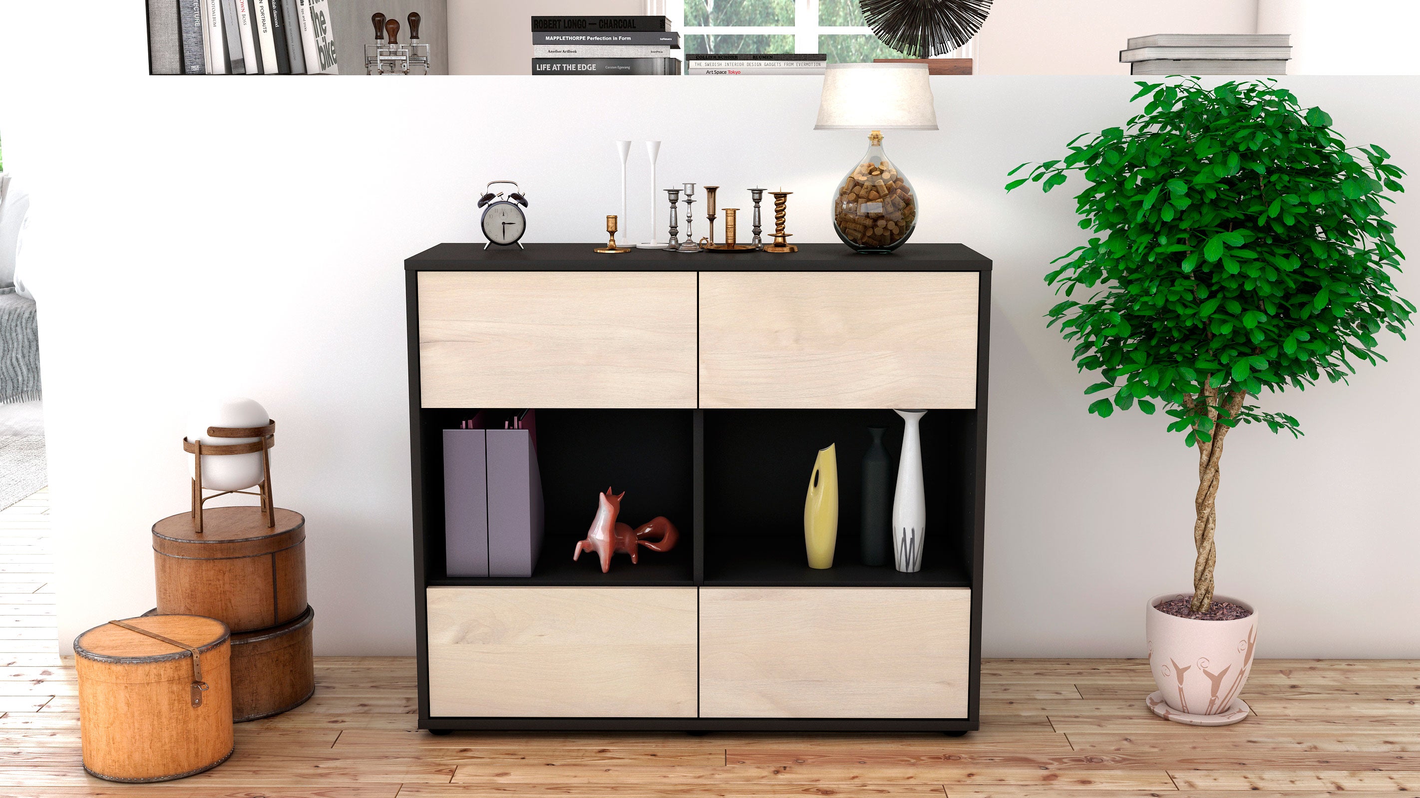 Sideboard - Daniela - Design Holzdekor - Freistehend mit Push to open  92 cm Anthrazit