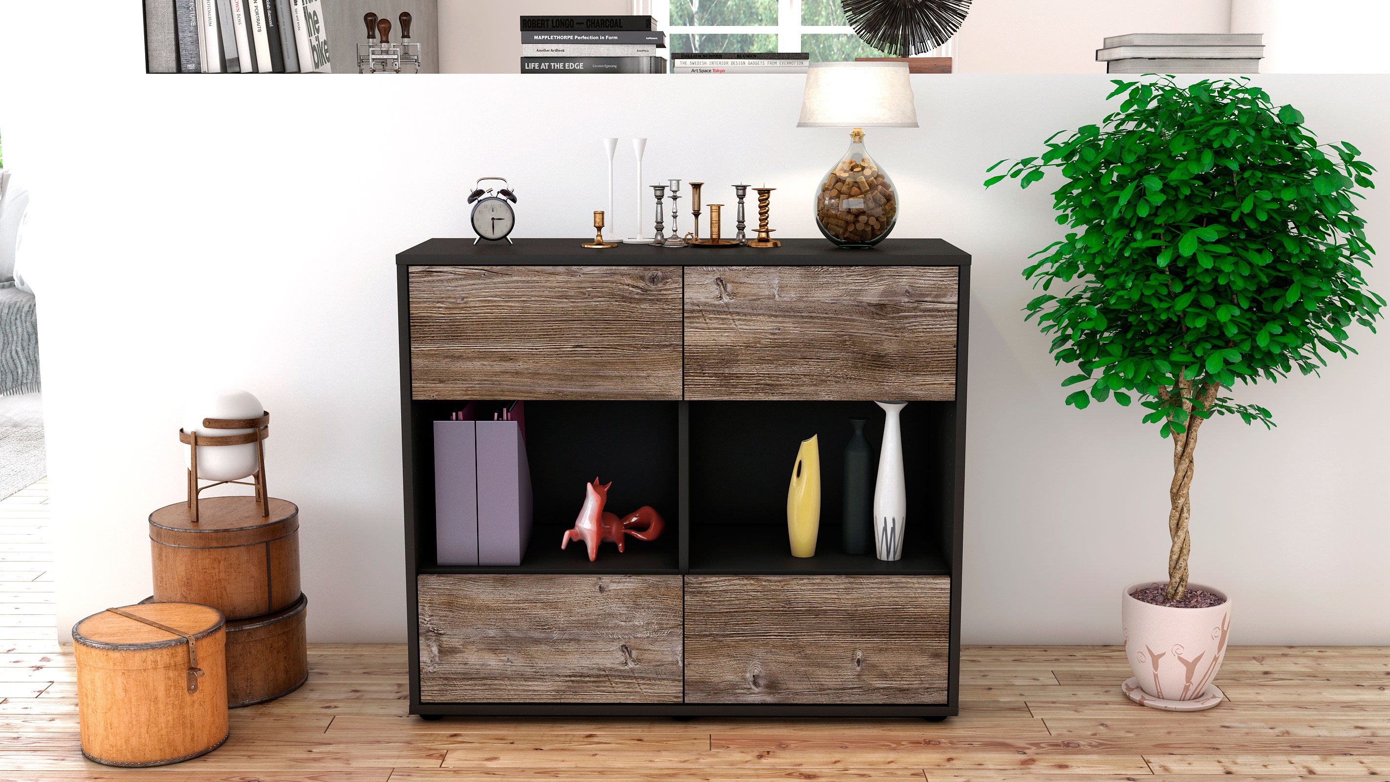 Sideboard - Daniela - Design Holzdekor - Freistehend mit Push to open  92 cm Anthrazit