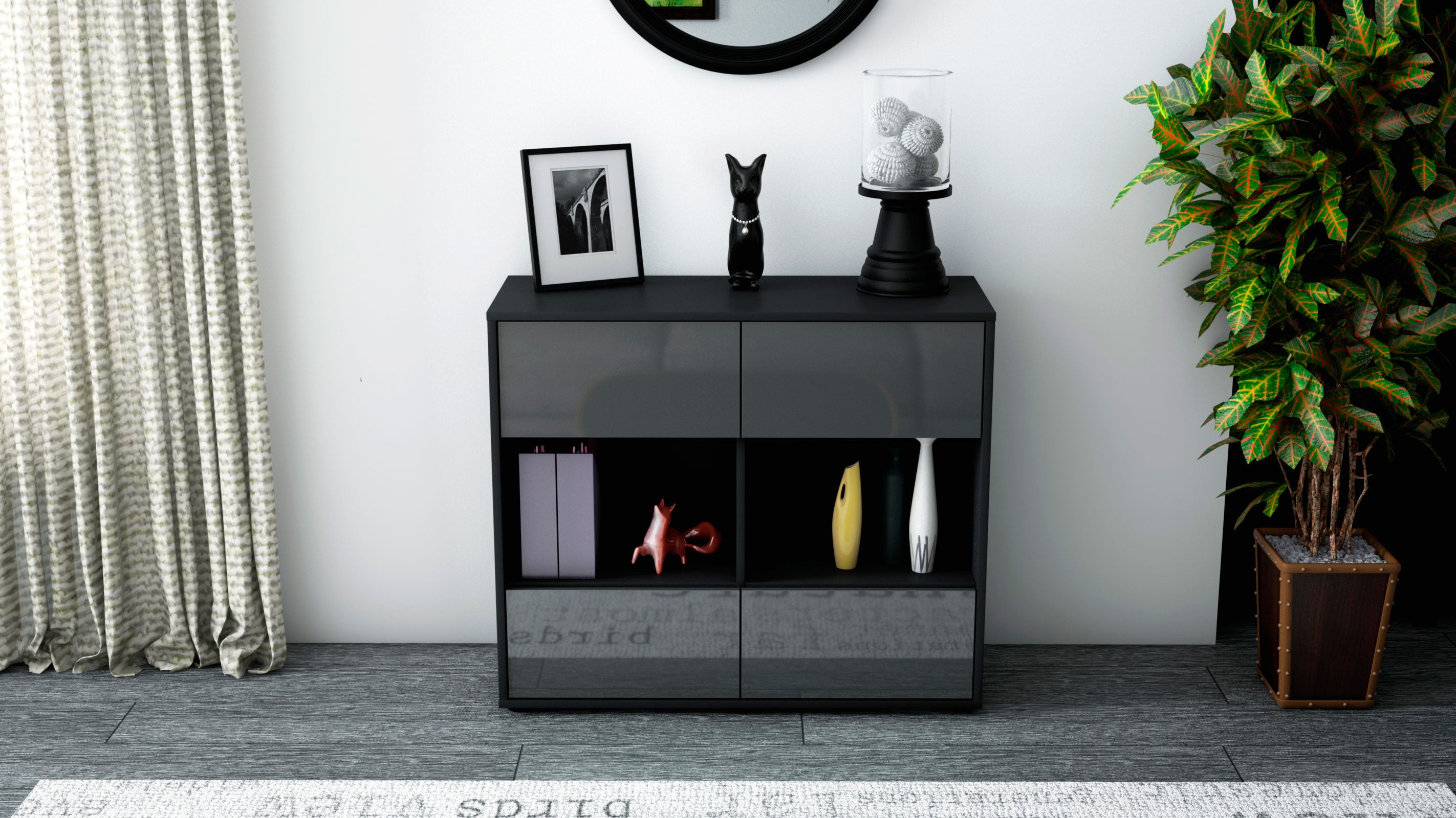 Sideboard - Daniela - Design Hochglanz - Freistehend mit Push to open  92 cm Anthrazit