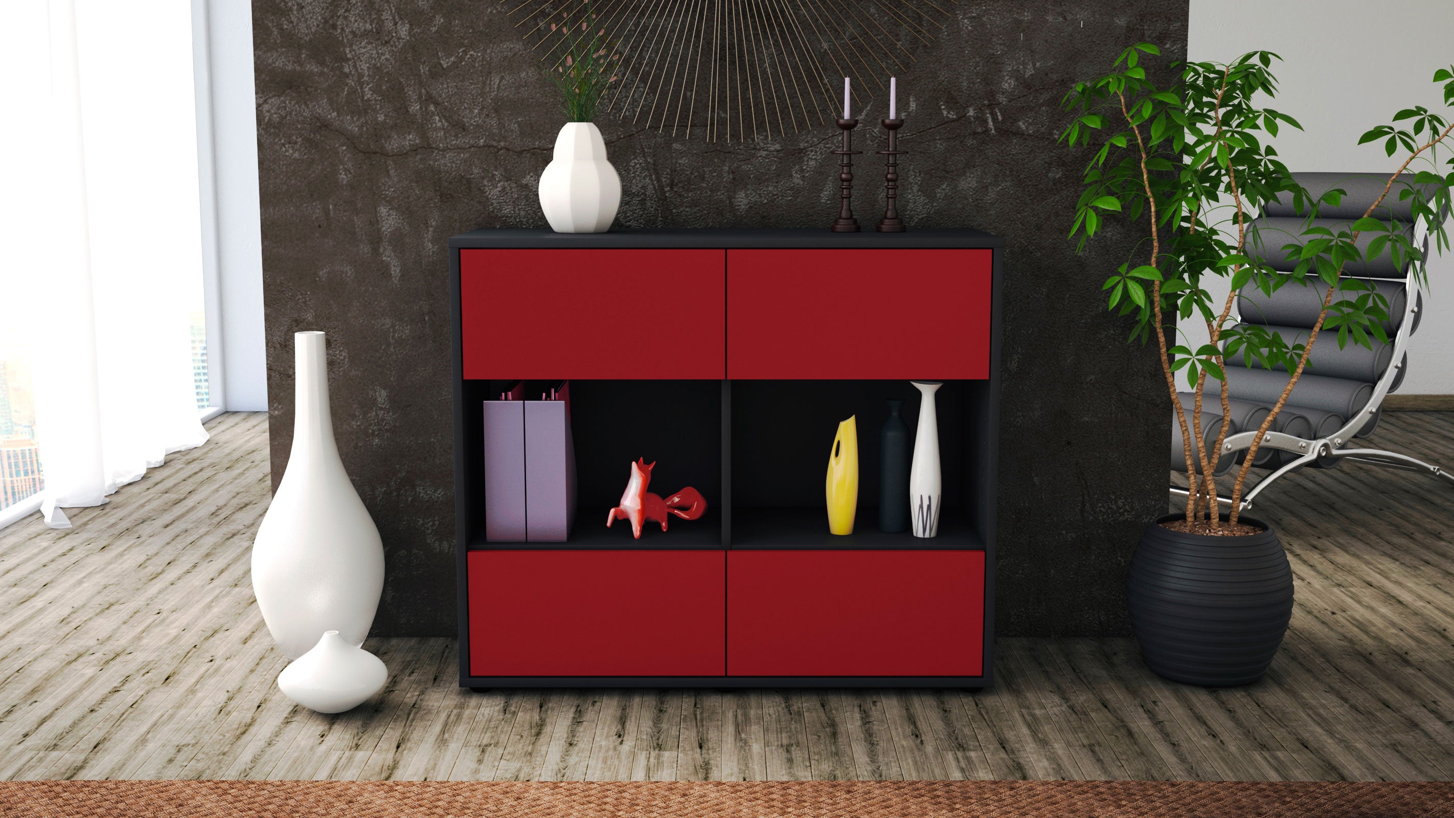 Sideboard - Daniela - Design Farbakzent - Freistehend mit Push to open  92 cm Anthrazit