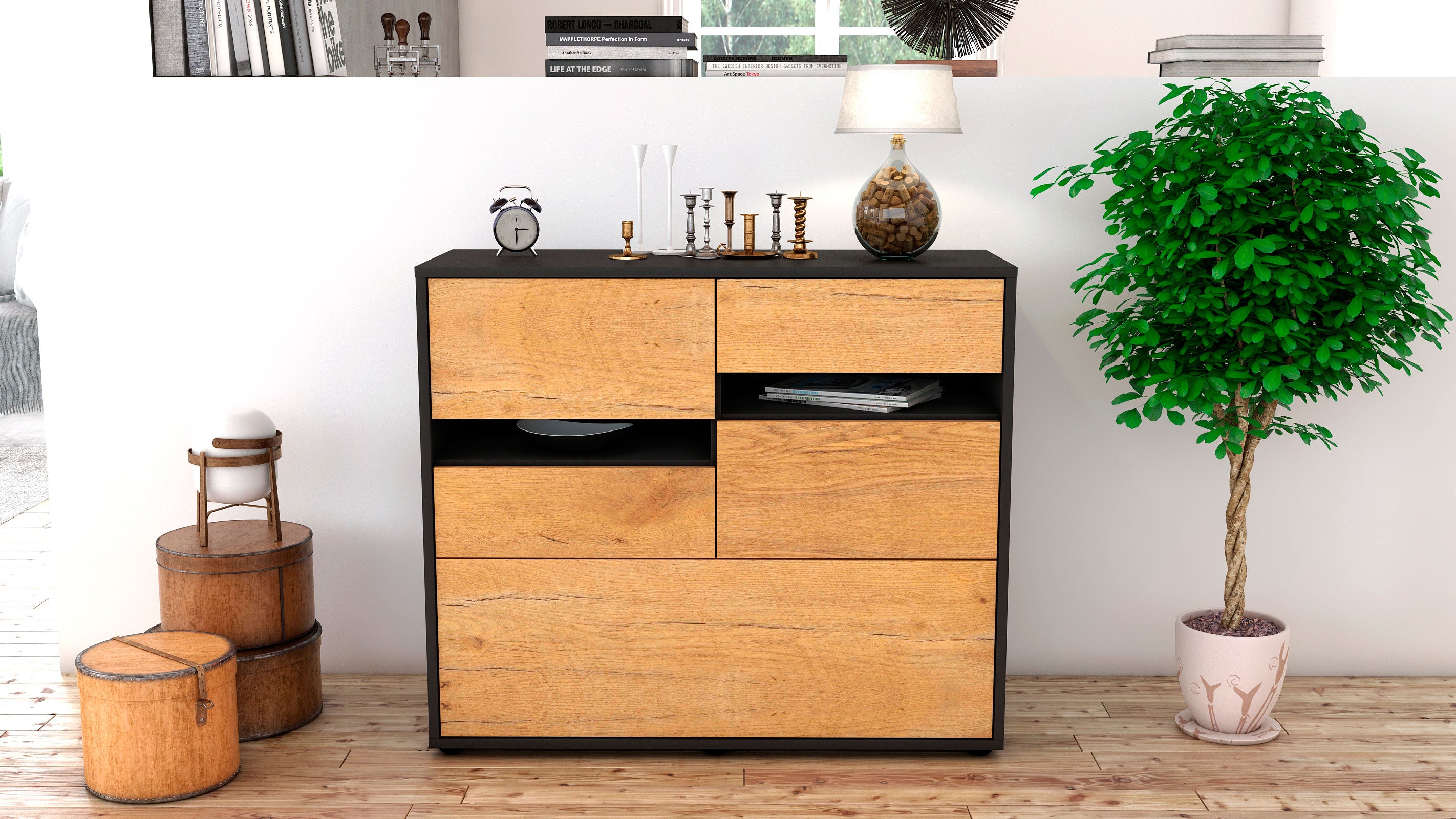 Sideboard - Daria - Design Holzdekor - Freistehend mit Push to open  92 cm Anthrazit