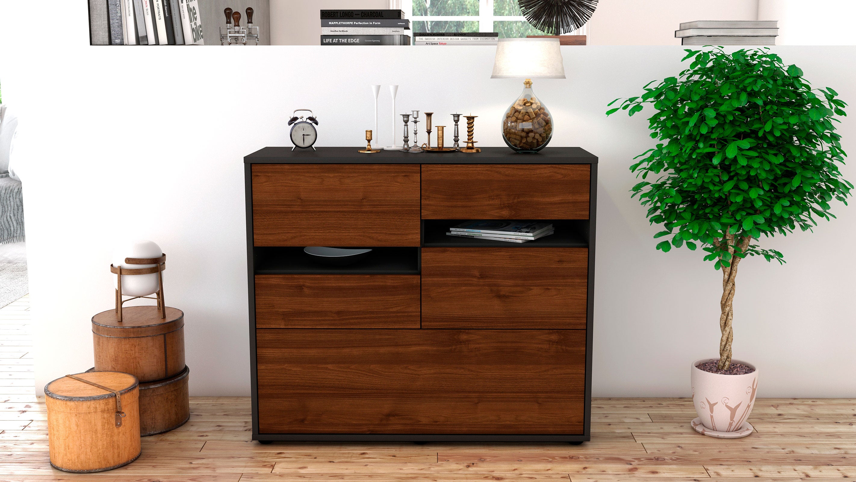 Sideboard - Daria - Design Holzdekor - Freistehend mit Push to open  92 cm Anthrazit