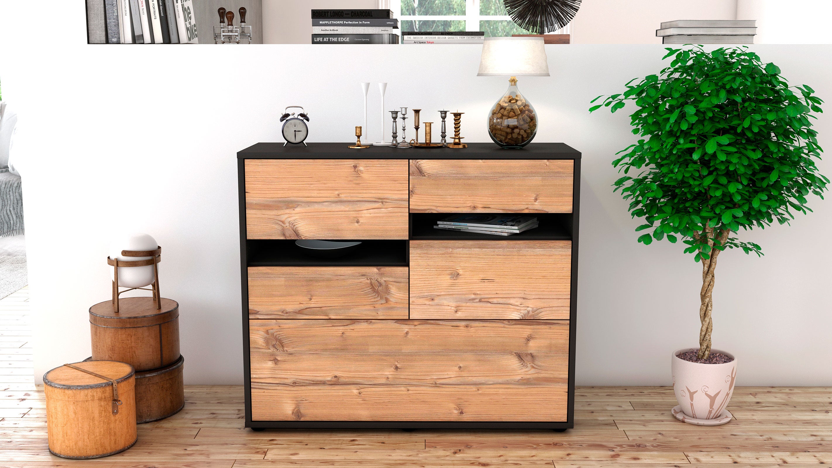 Sideboard - Daria - Design Holzdekor - Freistehend mit Push to open  92 cm Anthrazit