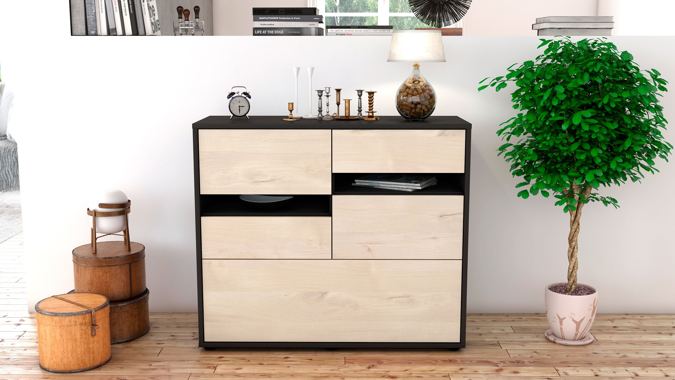 Sideboard - Daria - Design Holzdekor - Freistehend mit Push to open  92 cm Anthrazit