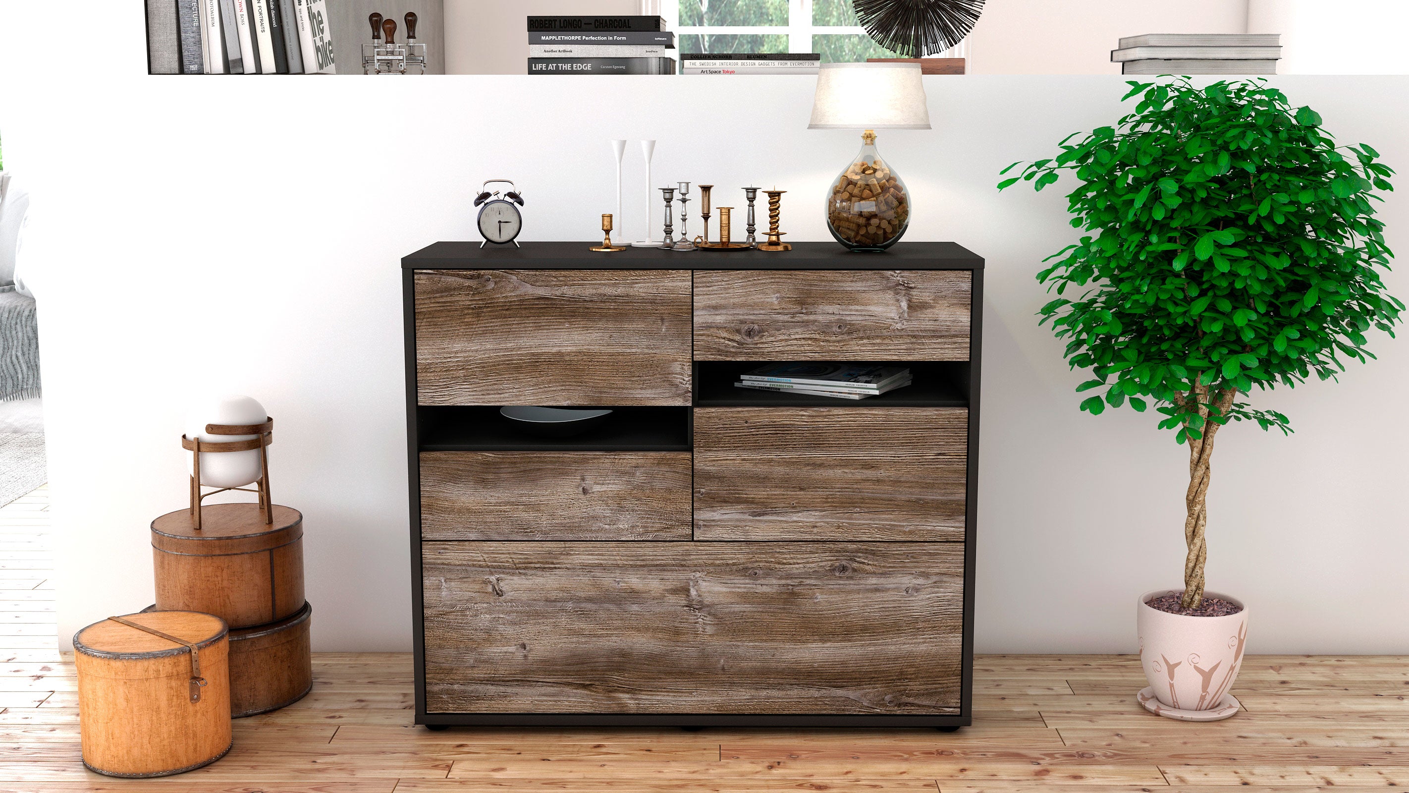 Sideboard - Daria - Design Holzdekor - Freistehend mit Push to open  92 cm Anthrazit