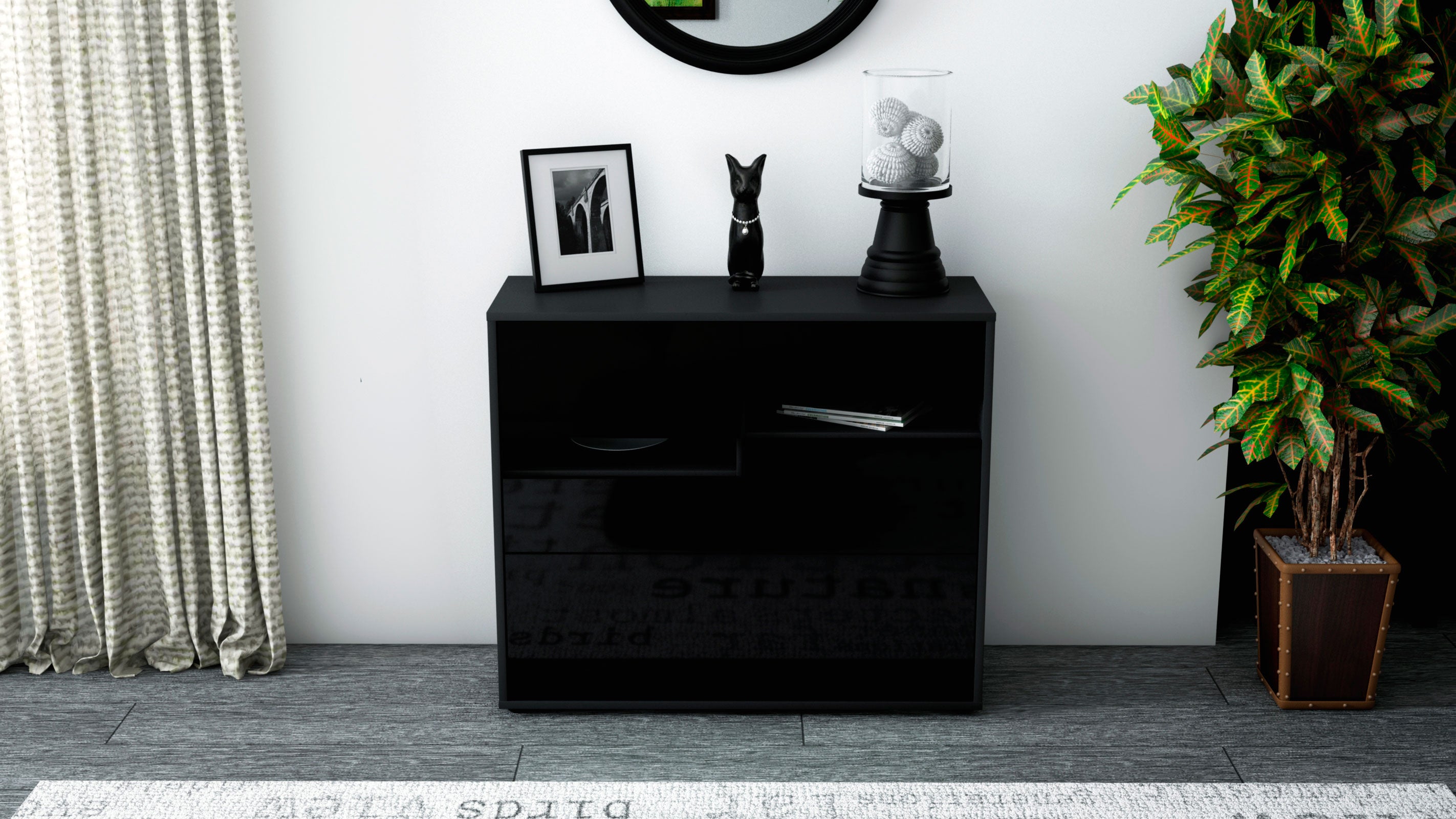 Sideboard - Daria - Design Hochglanz - Freistehend mit Push to open  92 cm Anthrazit