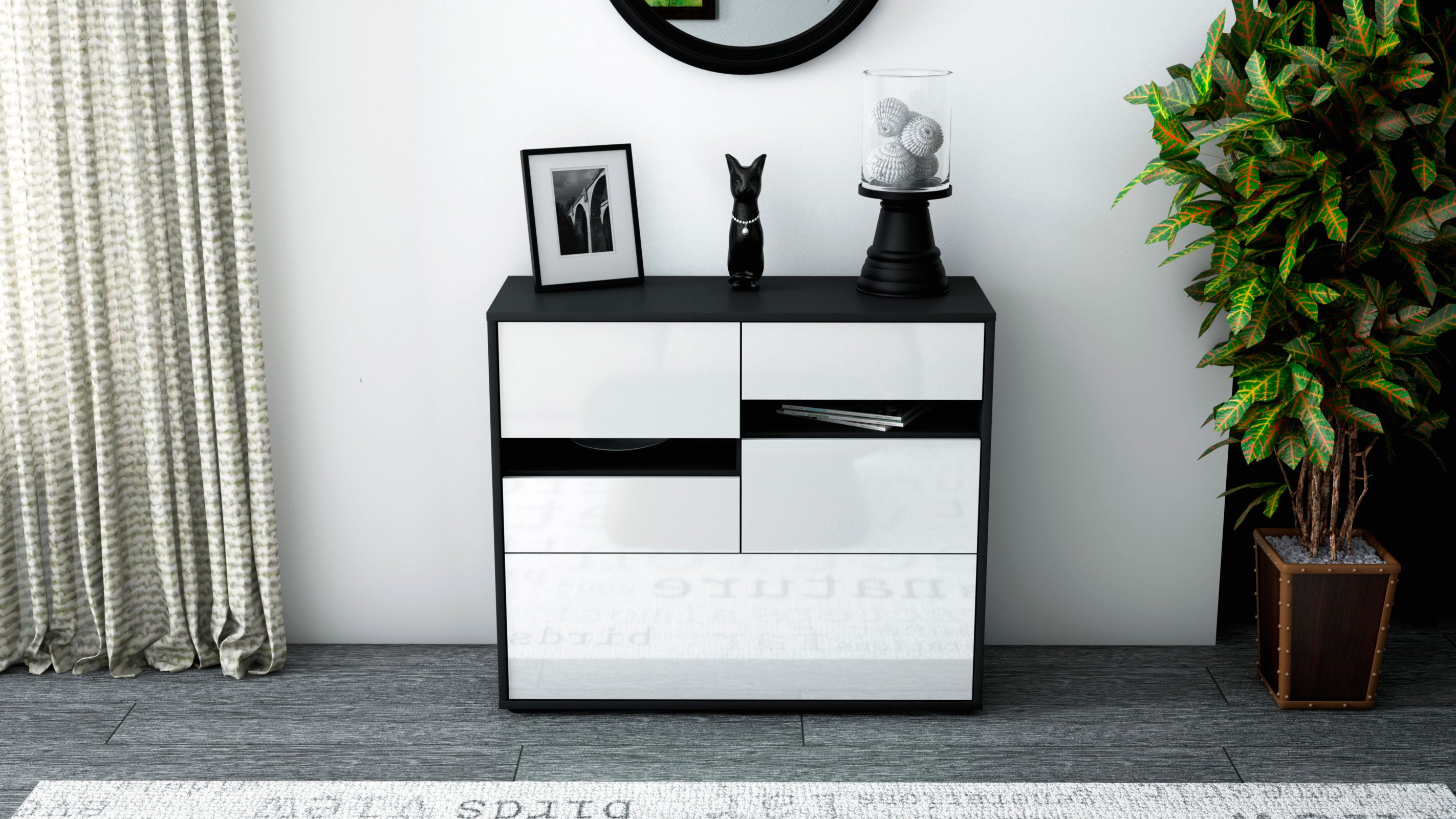 Sideboard - Daria - Design Hochglanz - Freistehend mit Push to open  92 cm Anthrazit