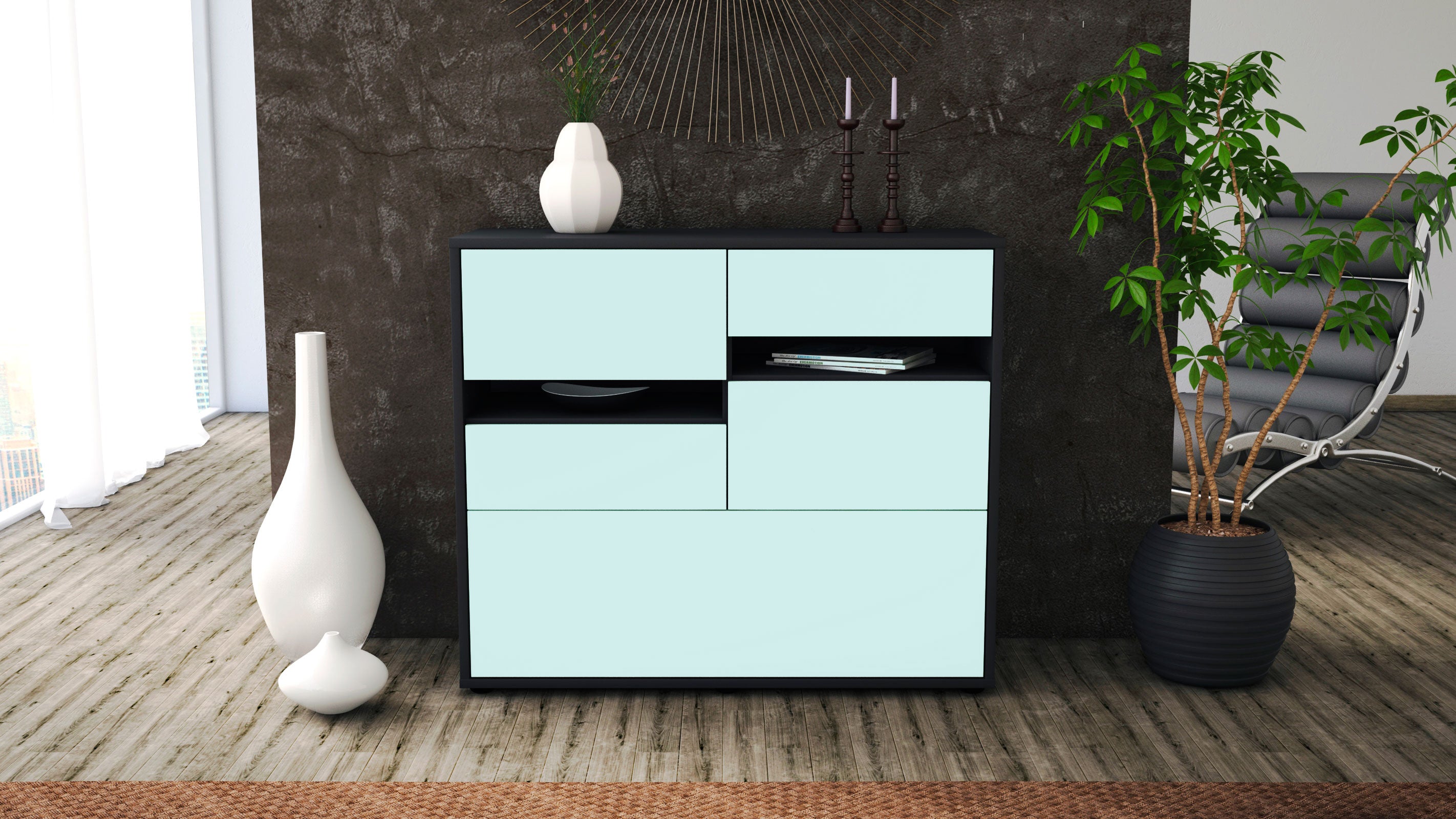 Sideboard - Daria - Design Farbakzent - Freistehend mit Push to open  92 cm Anthrazit