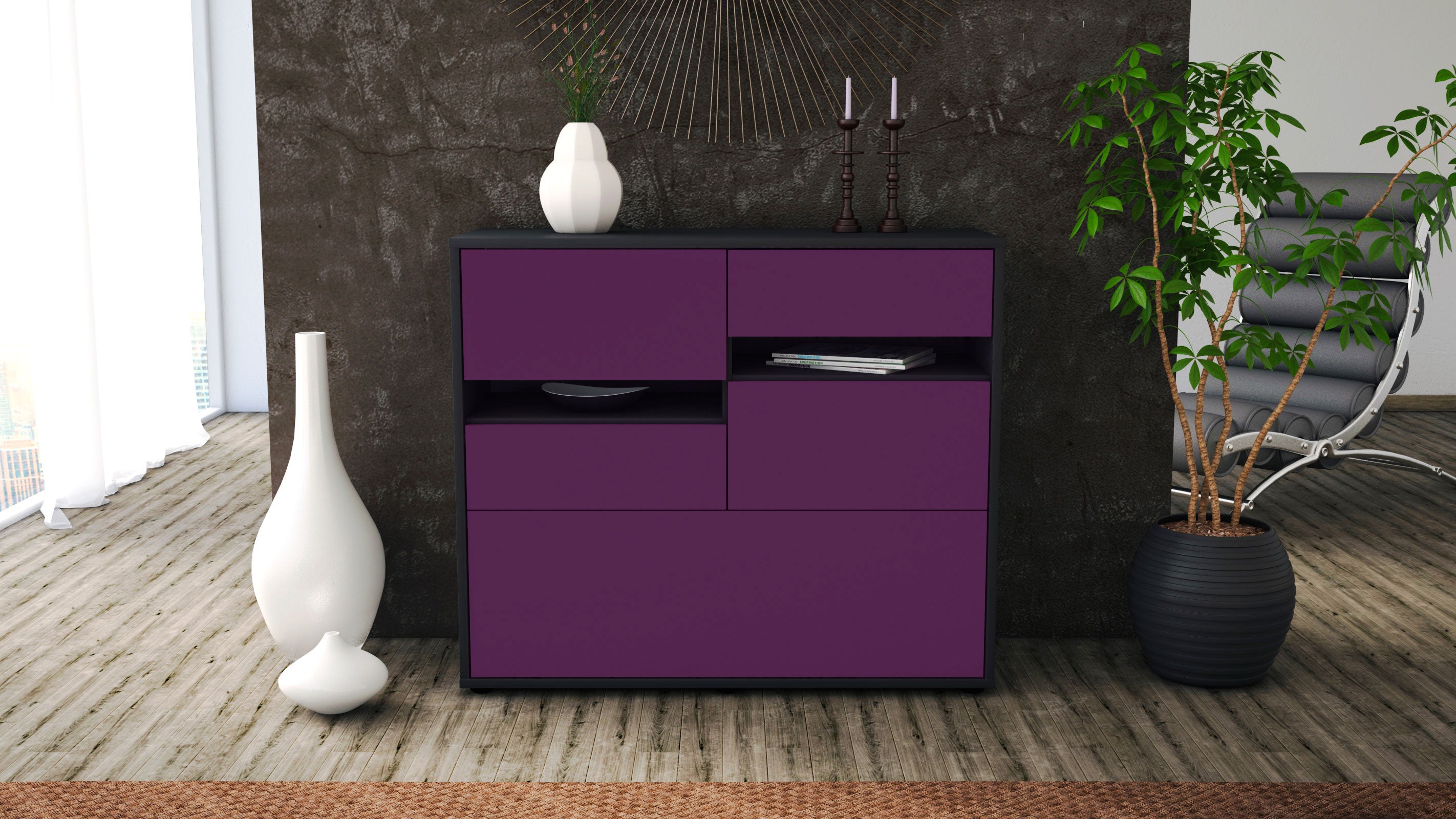 Sideboard - Daria - Design Farbakzent - Freistehend mit Push to open  92 cm Anthrazit