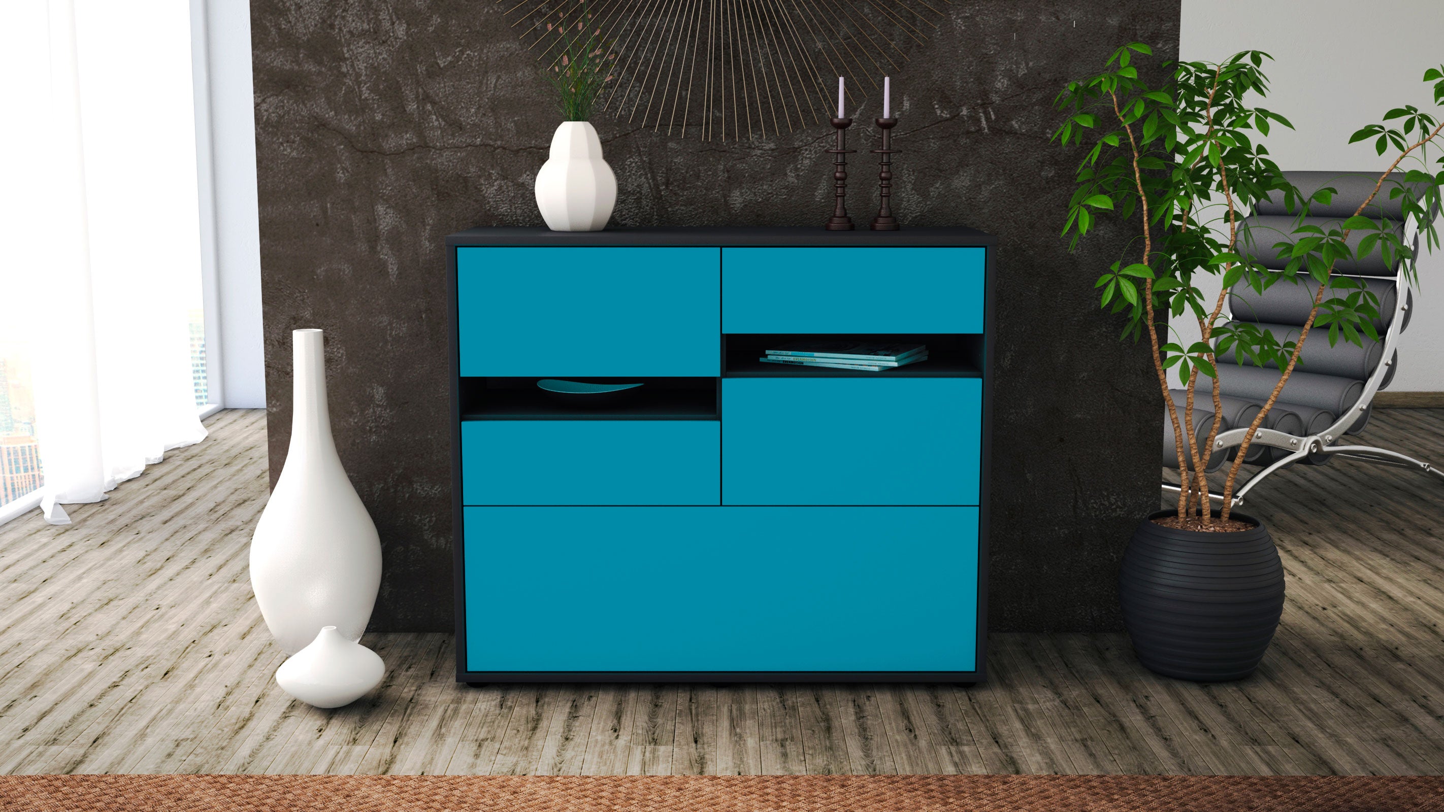 Sideboard - Daria - Design Farbakzent - Freistehend mit Push to open  92 cm Anthrazit