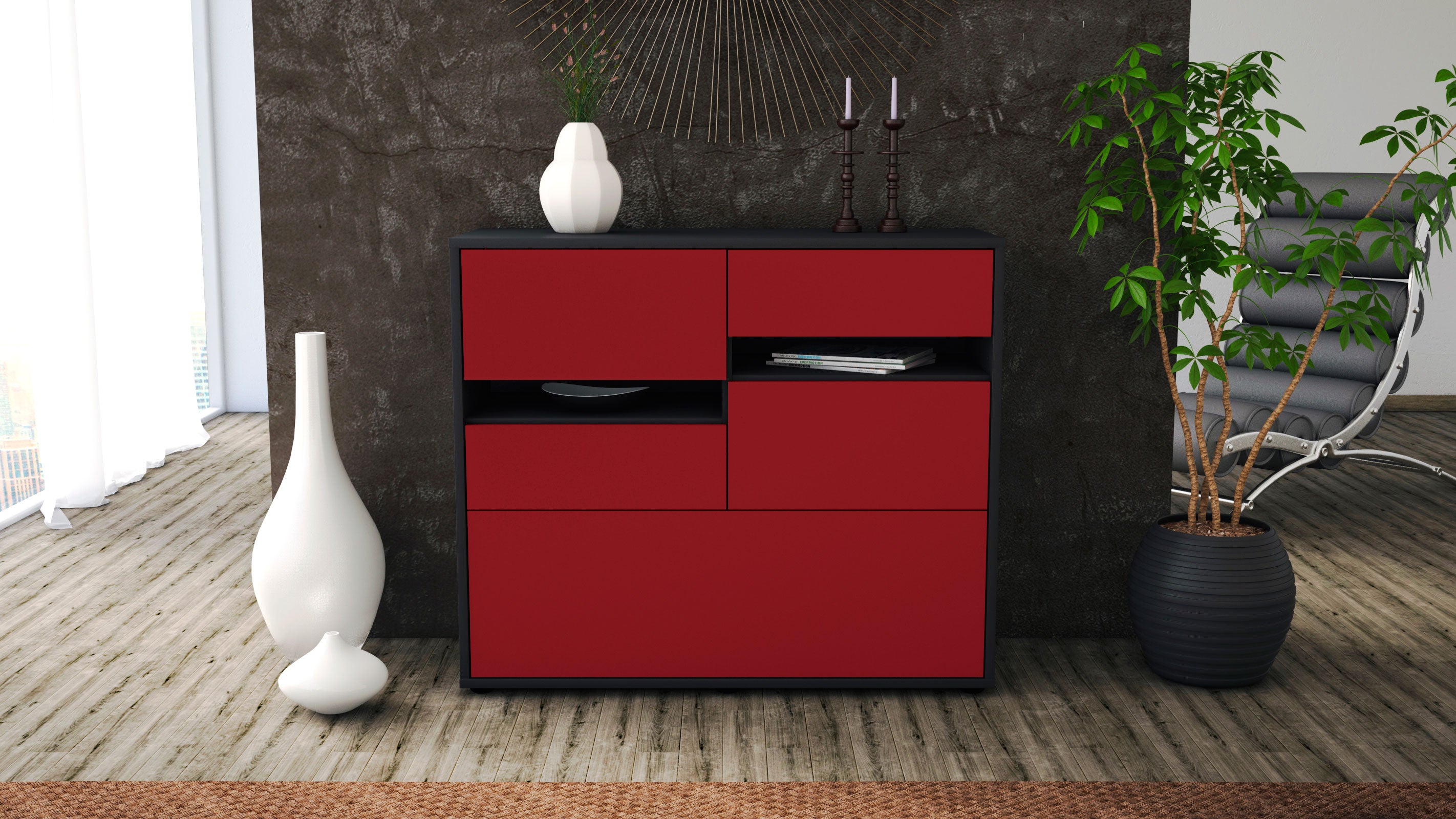 Sideboard - Daria - Design Farbakzent - Freistehend mit Push to open  92 cm Anthrazit