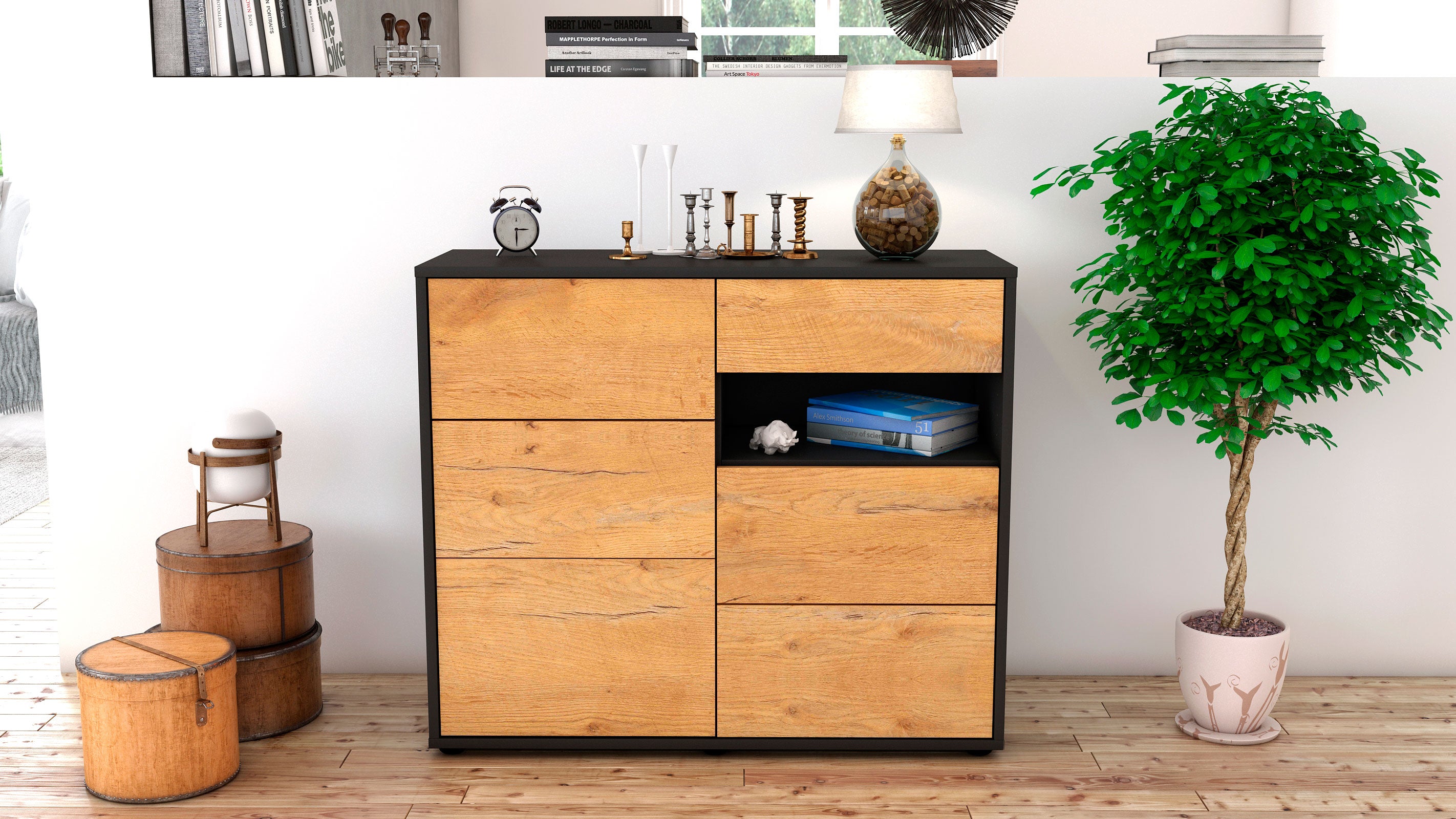 Sideboard - Dariella - Design Holzdekor - Freistehend mit Push to open  92 cm Anthrazit