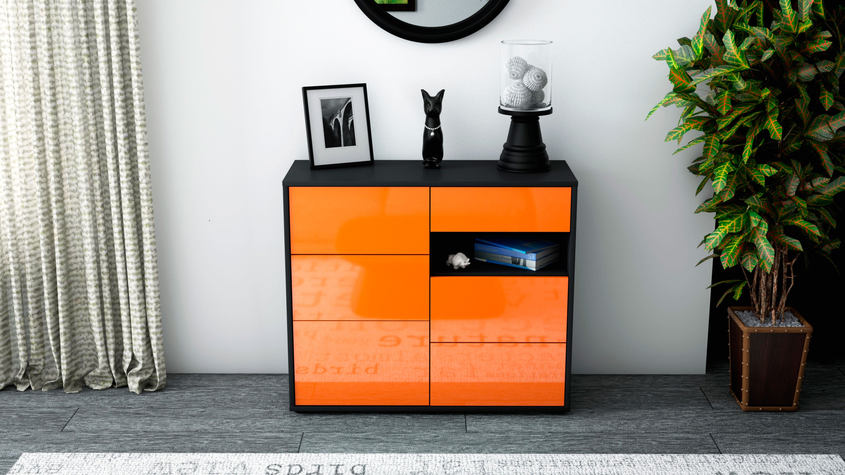 Sideboard - Dariella - Design Hochglanz - Freistehend mit Push to open  92 cm Anthrazit