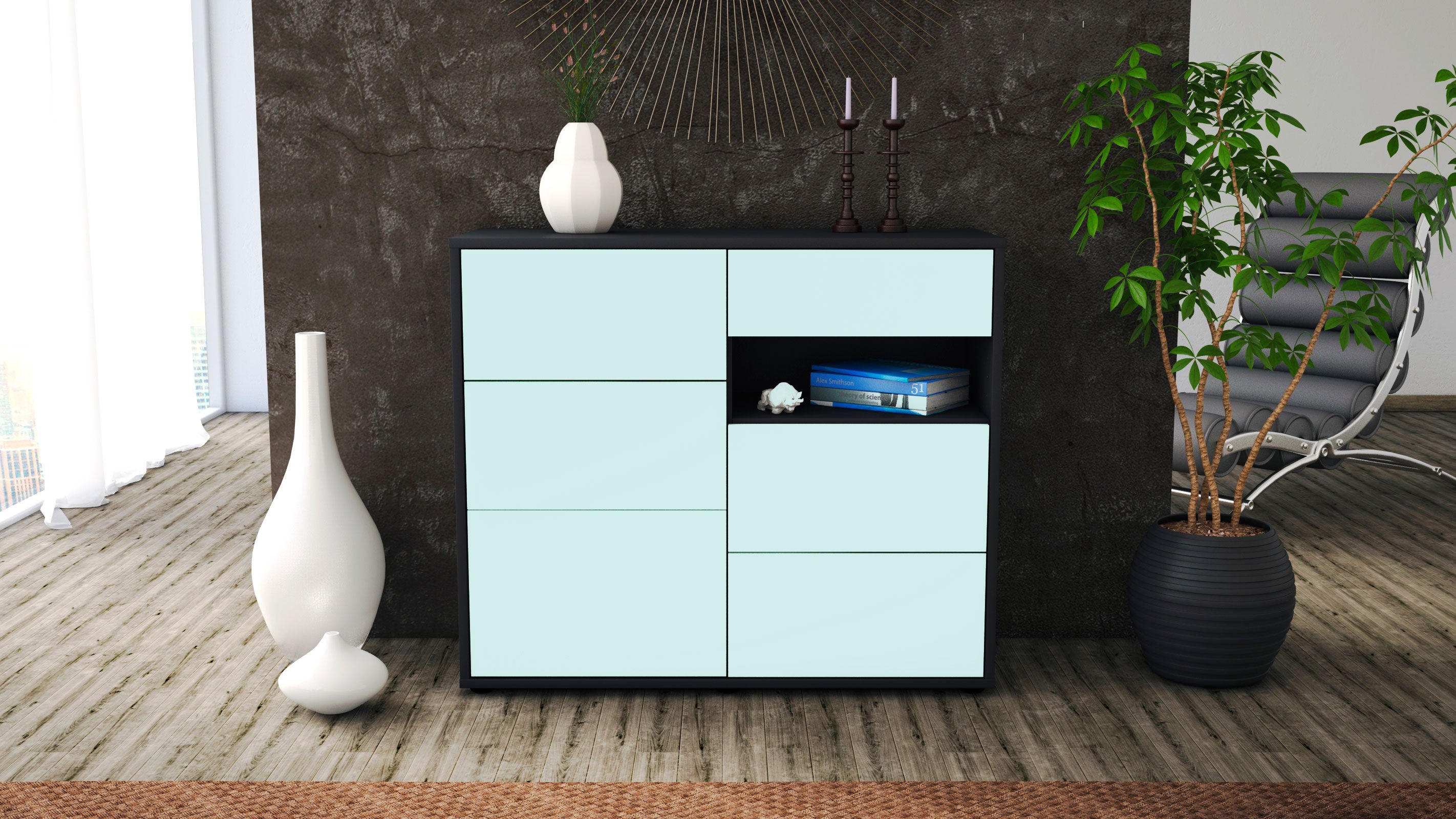 Sideboard - Dariella - Design Farbakzent - Freistehend mit Push to open  92 cm Anthrazit