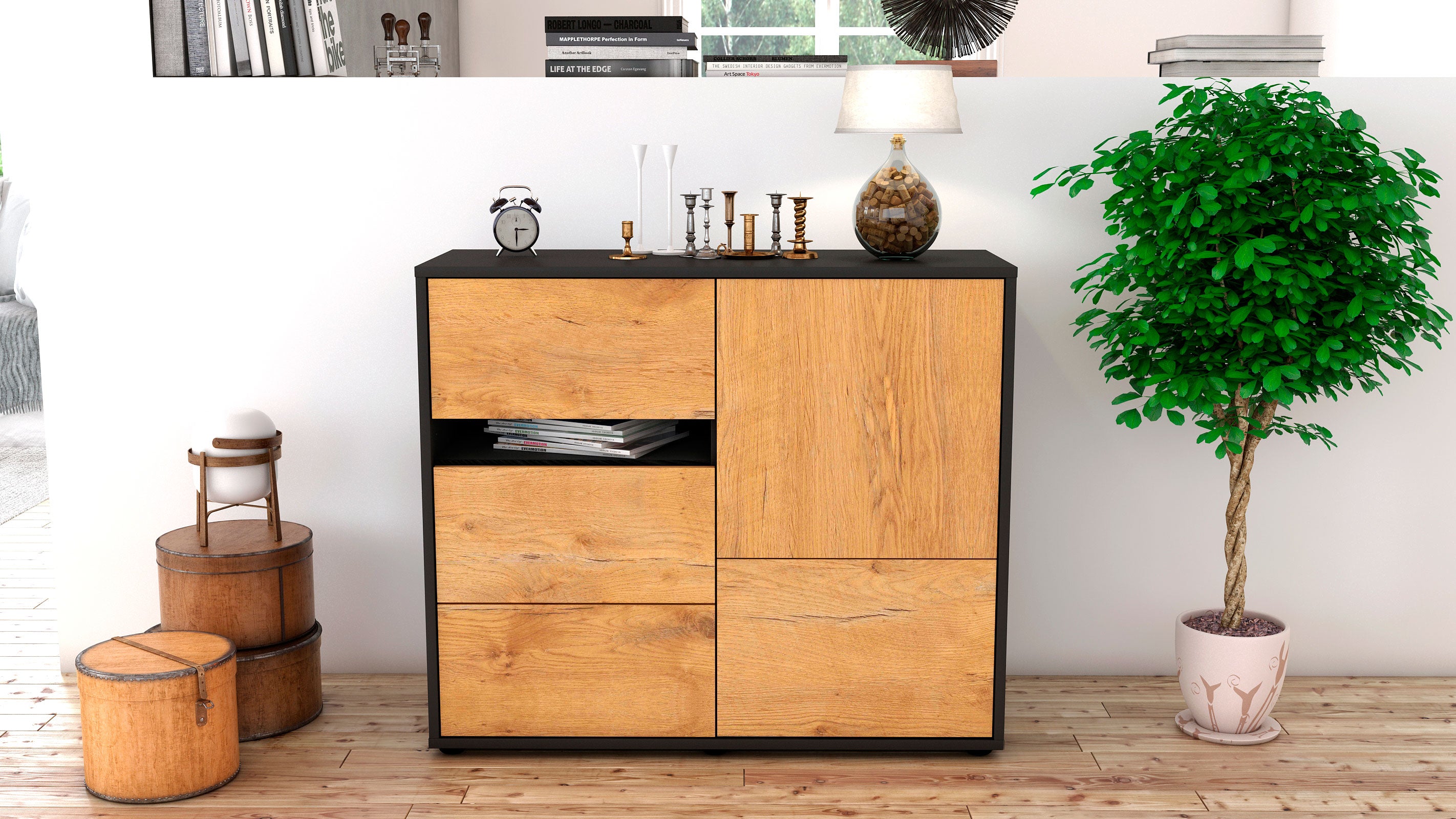 Sideboard - Davina - Design Holzdekor - Freistehend mit Push to open  92 cm Anthrazit