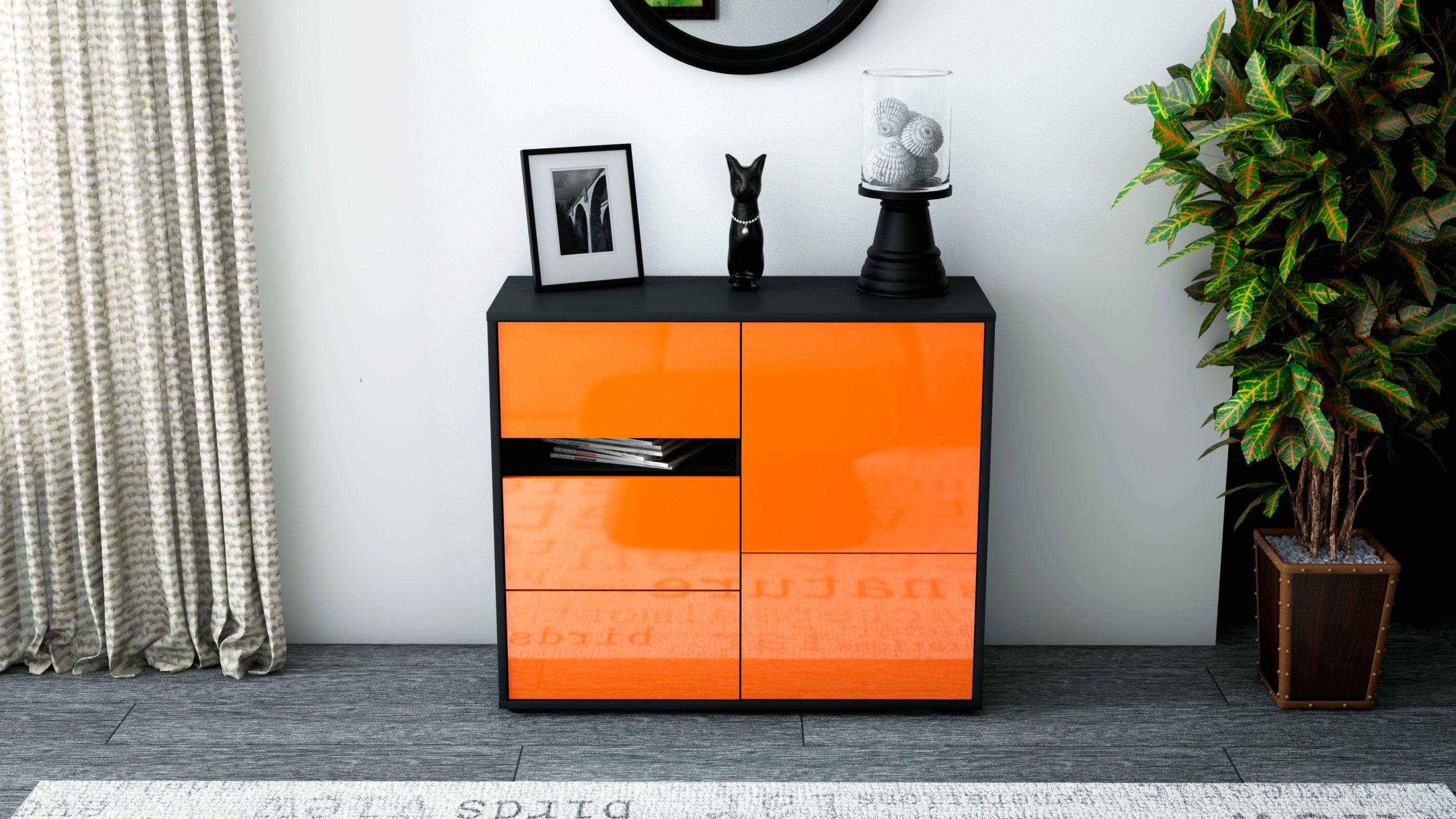 Sideboard - Davina - Design Hochglanz - Freistehend mit Push to open  92 cm Anthrazit