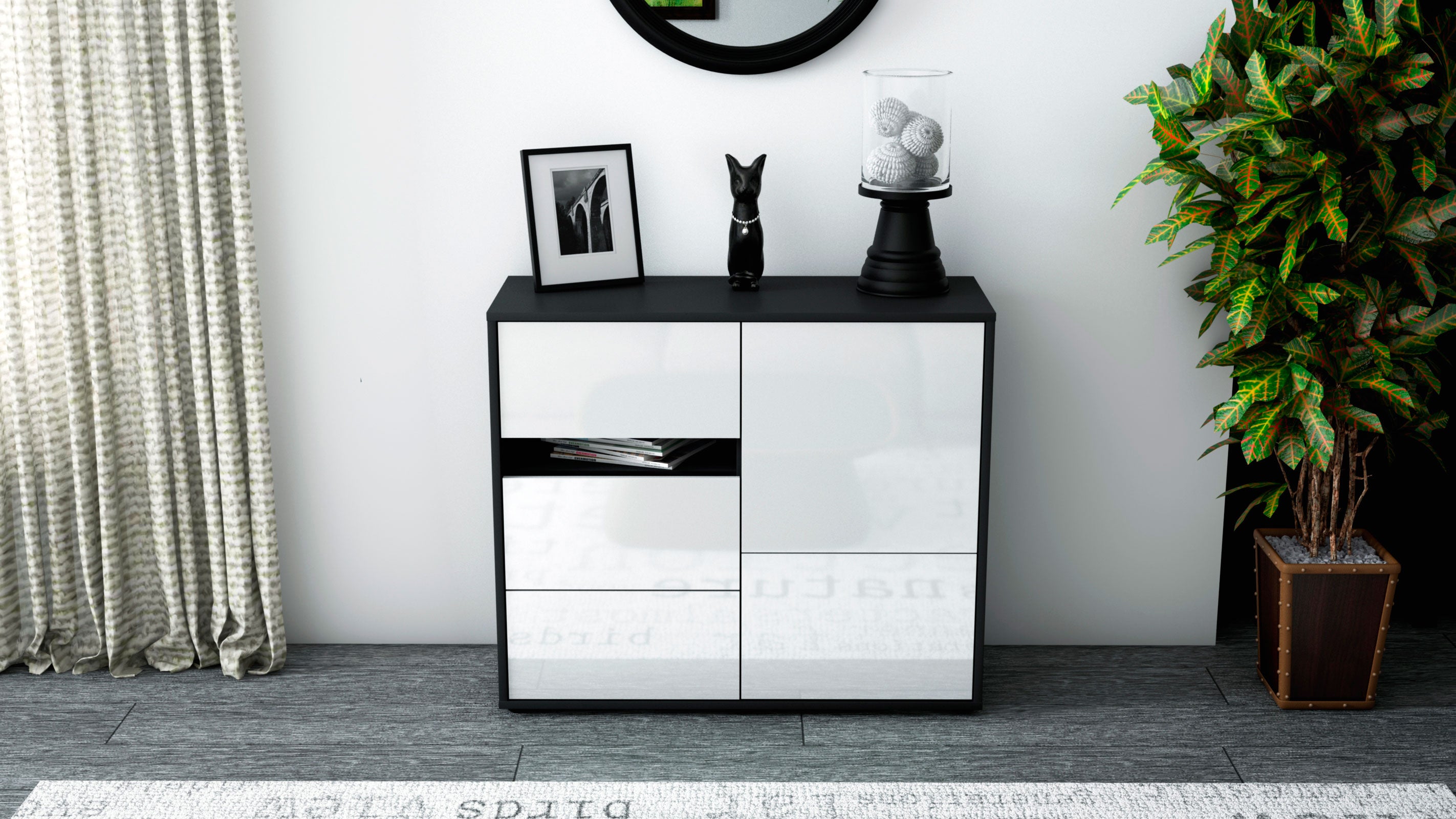 Sideboard - Davina - Design Hochglanz - Freistehend mit Push to open  92 cm Anthrazit