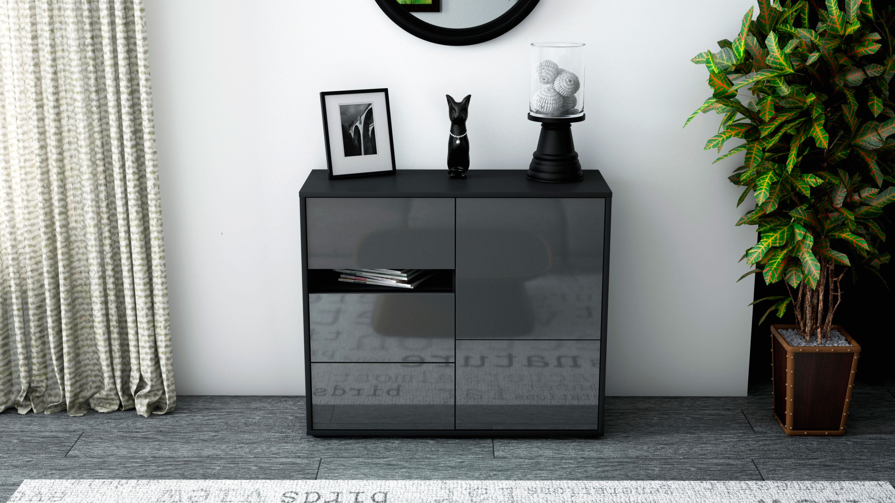 Sideboard - Davina - Design Hochglanz - Freistehend mit Push to open  92 cm Anthrazit