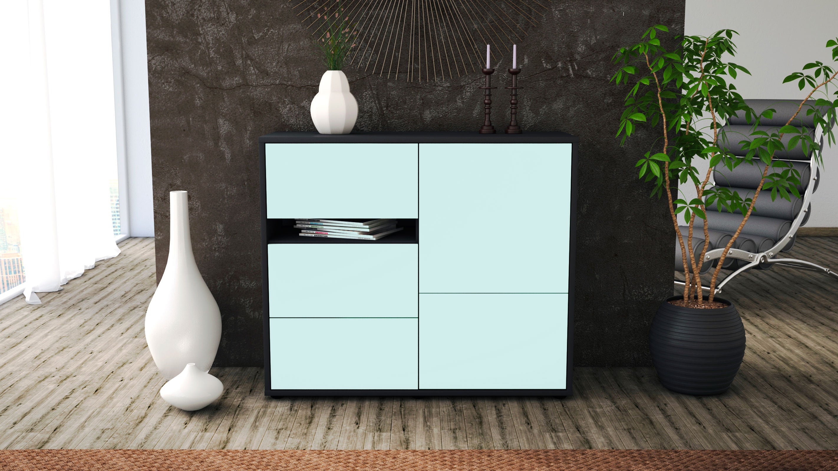 Sideboard - Davina - Design Farbakzent - Freistehend mit Push to open  92 cm Anthrazit