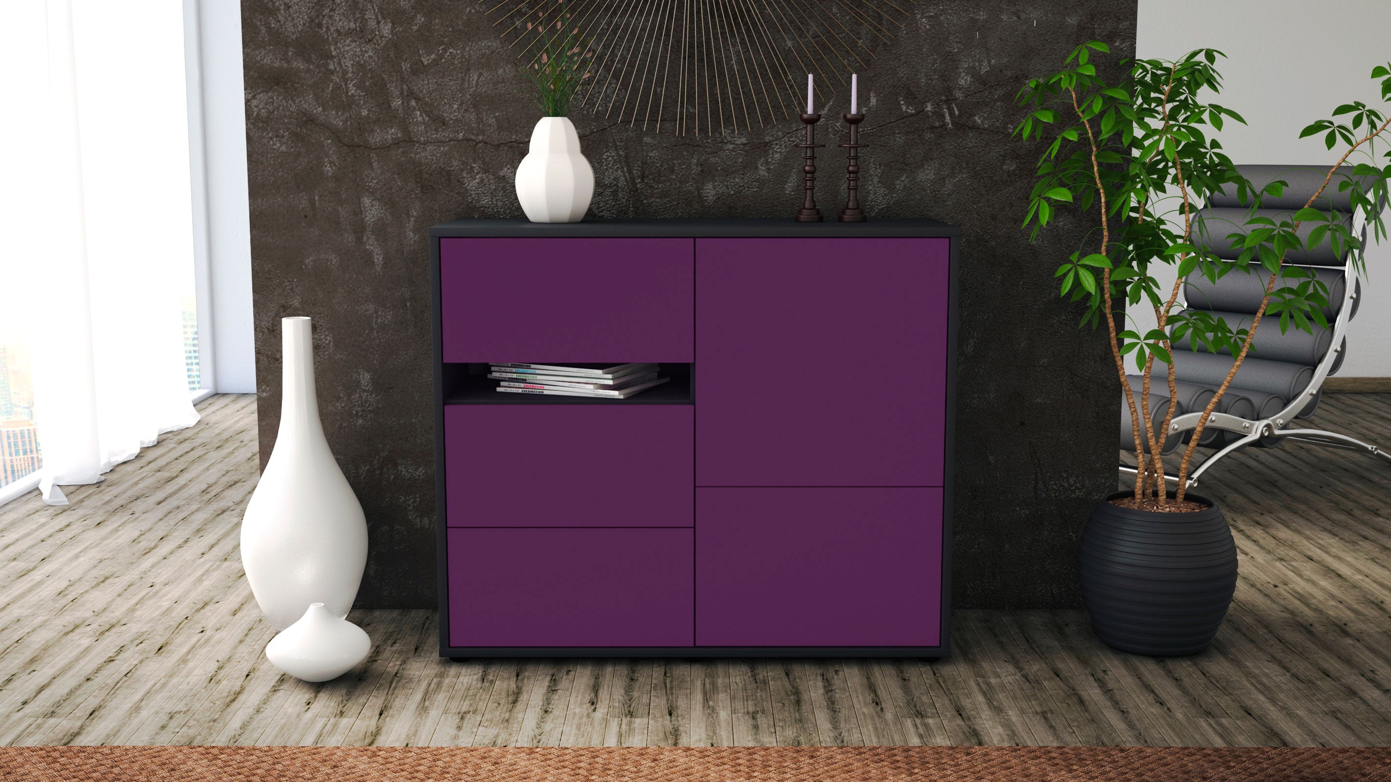 Sideboard - Davina - Design Farbakzent - Freistehend mit Push to open  92 cm Anthrazit