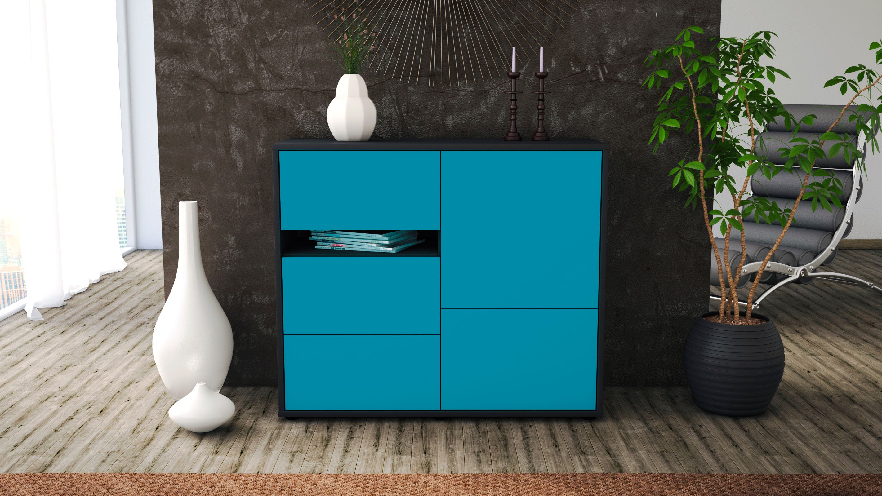 Sideboard - Davina - Design Farbakzent - Freistehend mit Push to open  92 cm Anthrazit