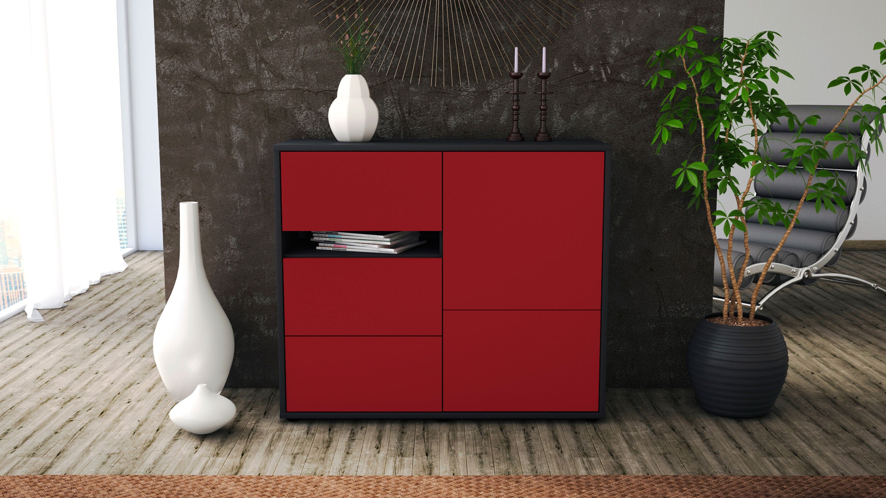 Sideboard - Davina - Design Farbakzent - Freistehend mit Push to open  92 cm Anthrazit