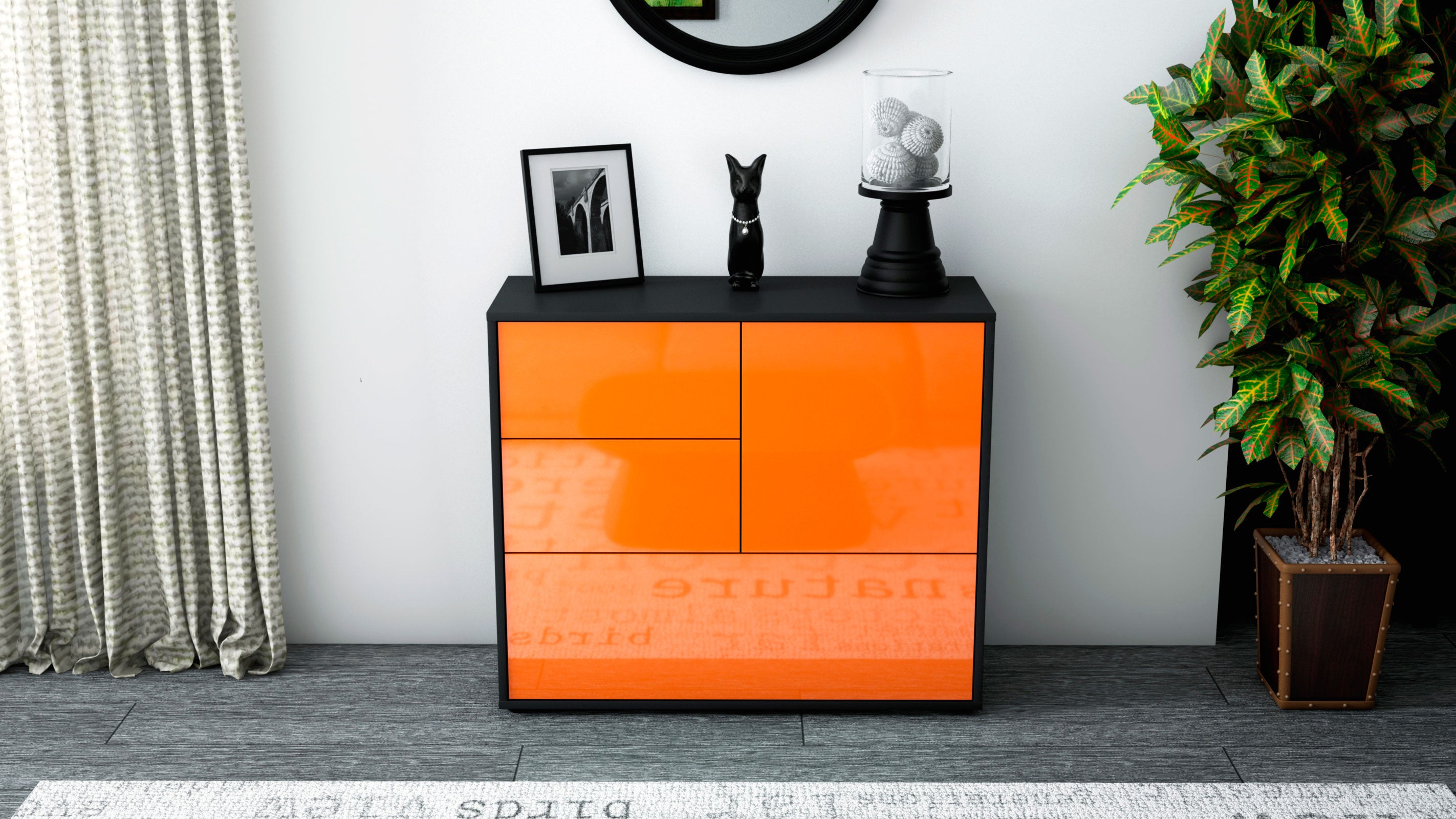 Sideboard - Deanna - Design Hochglanz - Freistehend mit Push to open  92 cm Anthrazit