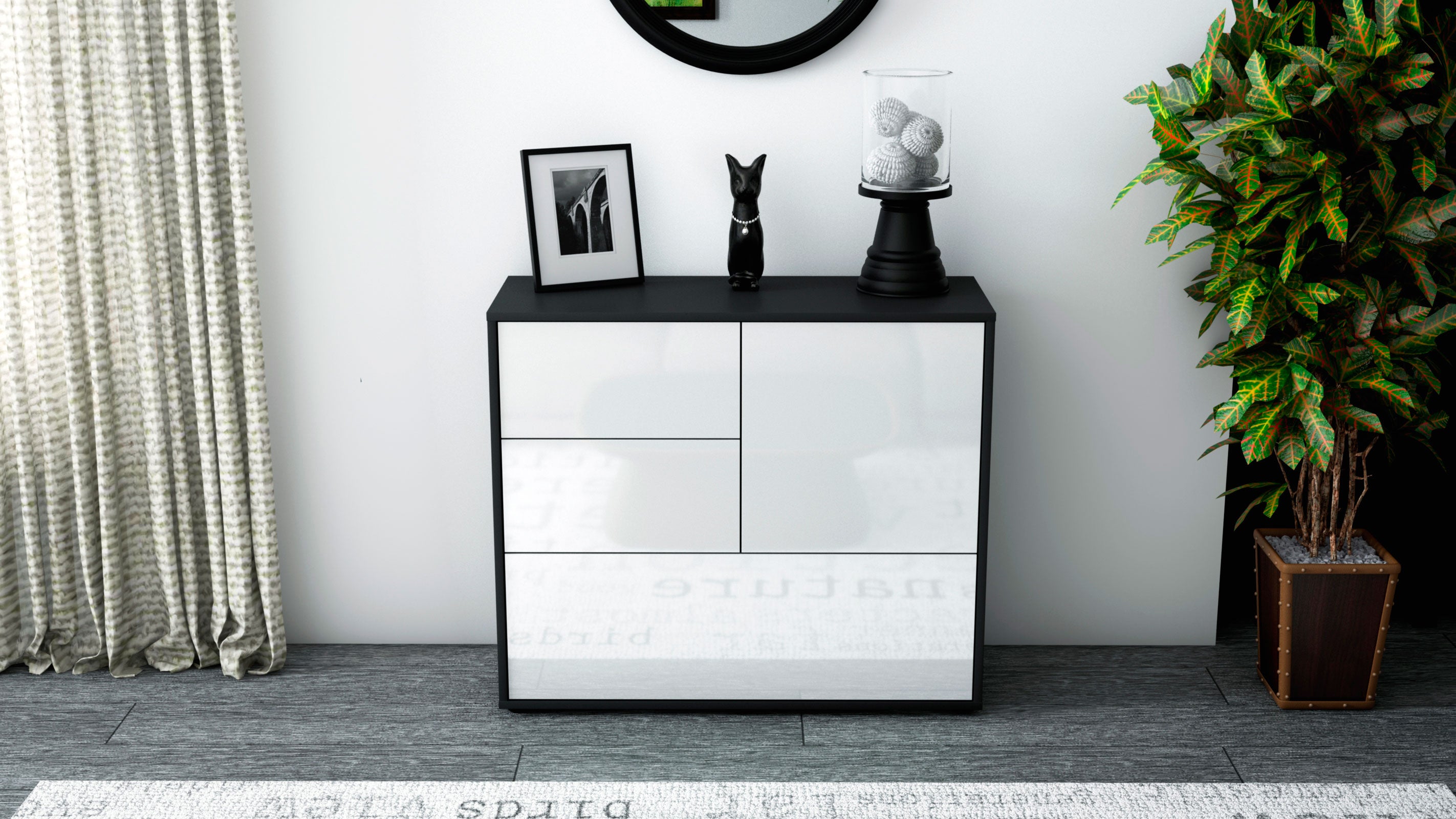 Sideboard - Deanna - Design Hochglanz - Freistehend mit Push to open  92 cm Anthrazit