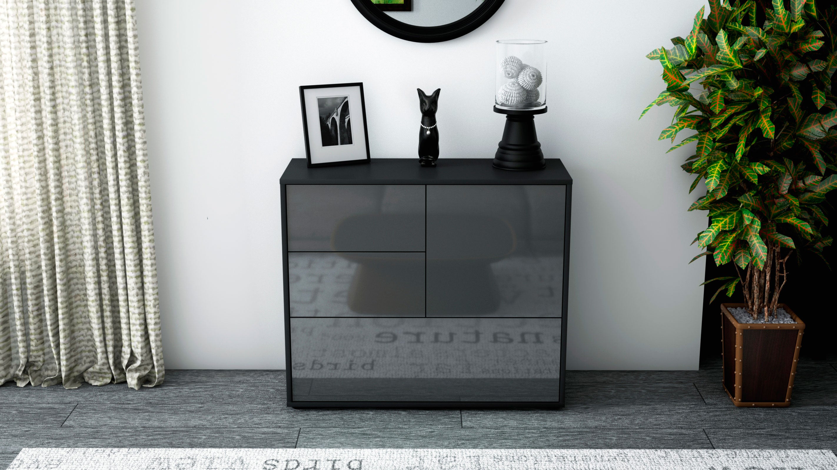 Sideboard - Deanna - Design Hochglanz - Freistehend mit Push to open  92 cm Anthrazit