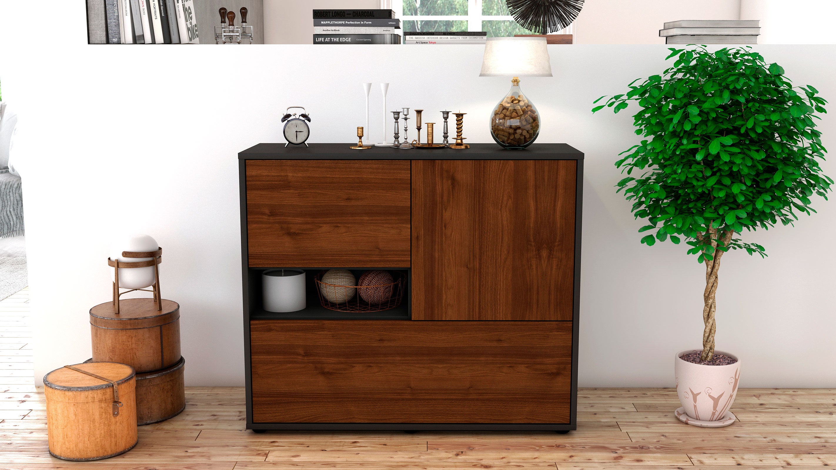 Sideboard - Debora - Design Holzdekor - Freistehend mit Push to open  92 cm Anthrazit