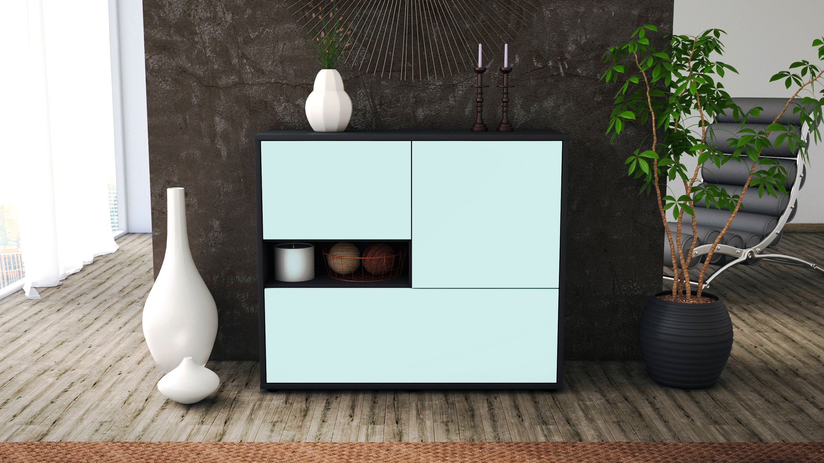 Sideboard - Debora - Design Farbakzent - Freistehend mit Push to open  92 cm Anthrazit