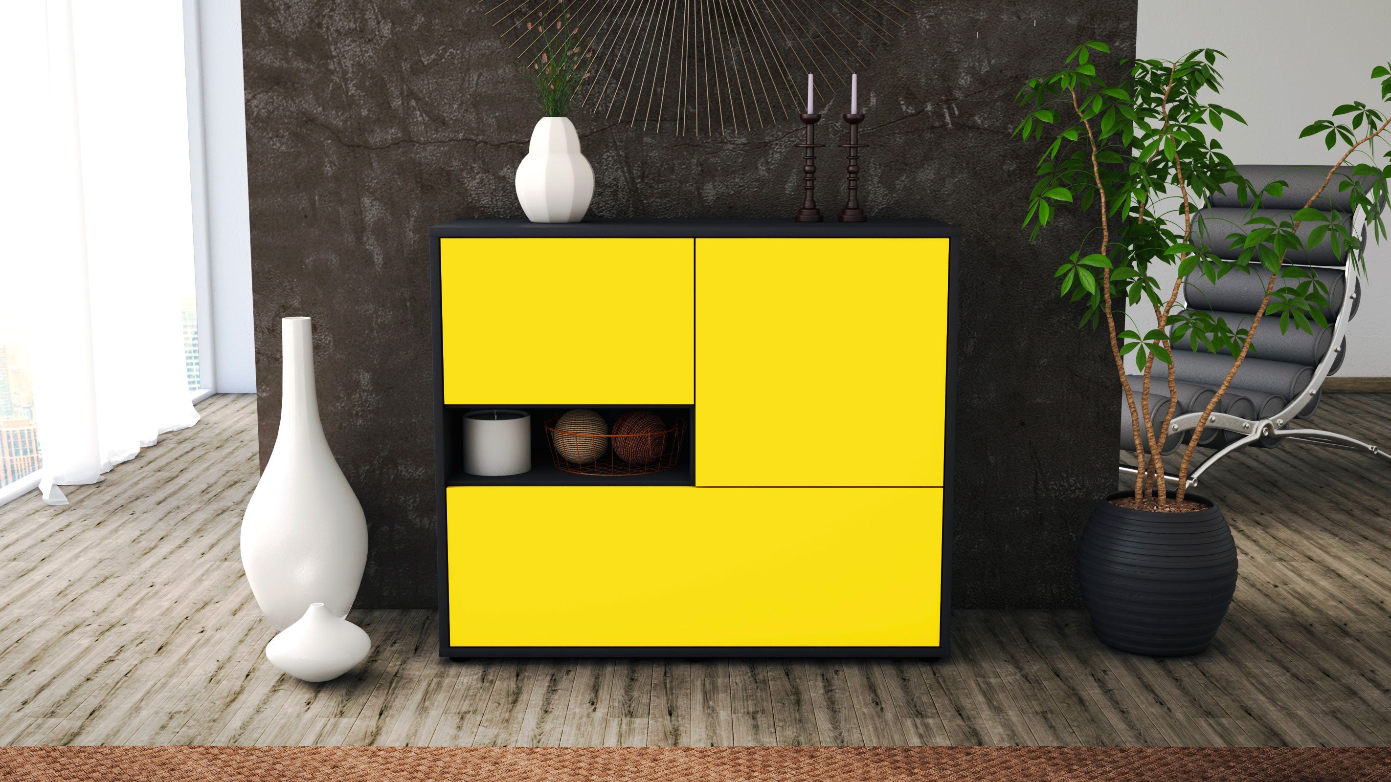 Sideboard - Debora - Design Farbakzent - Freistehend mit Push to open  92 cm Anthrazit