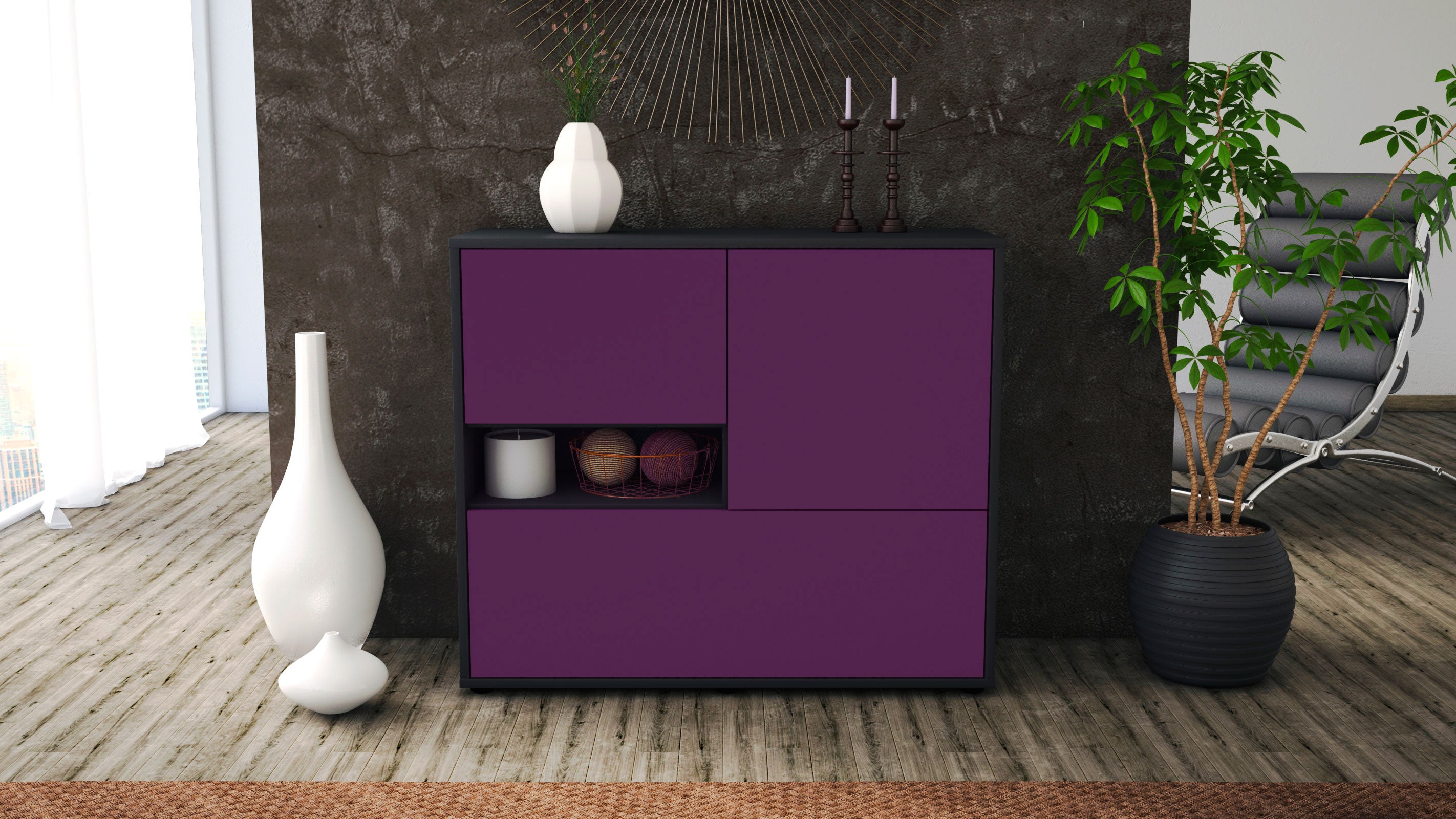 Sideboard - Debora - Design Farbakzent - Freistehend mit Push to open  92 cm Anthrazit