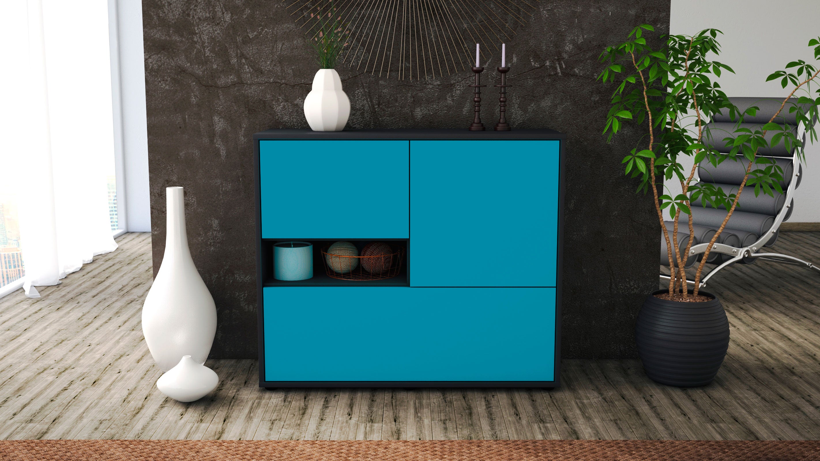 Sideboard - Debora - Design Farbakzent - Freistehend mit Push to open  92 cm Anthrazit