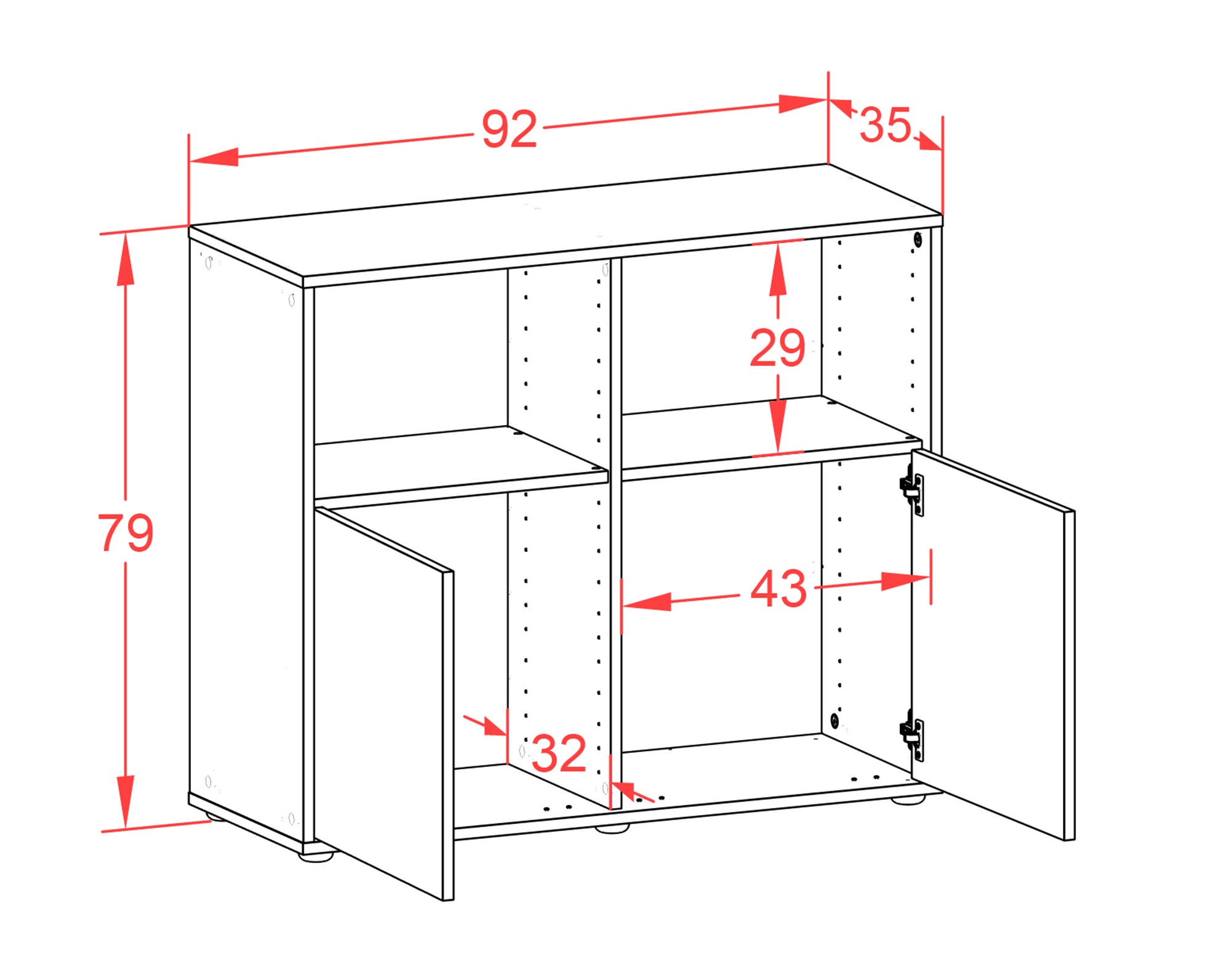 Sideboard - Camilla - Design Farbakzent - Freistehend mit Push to open  92 cm Weiss